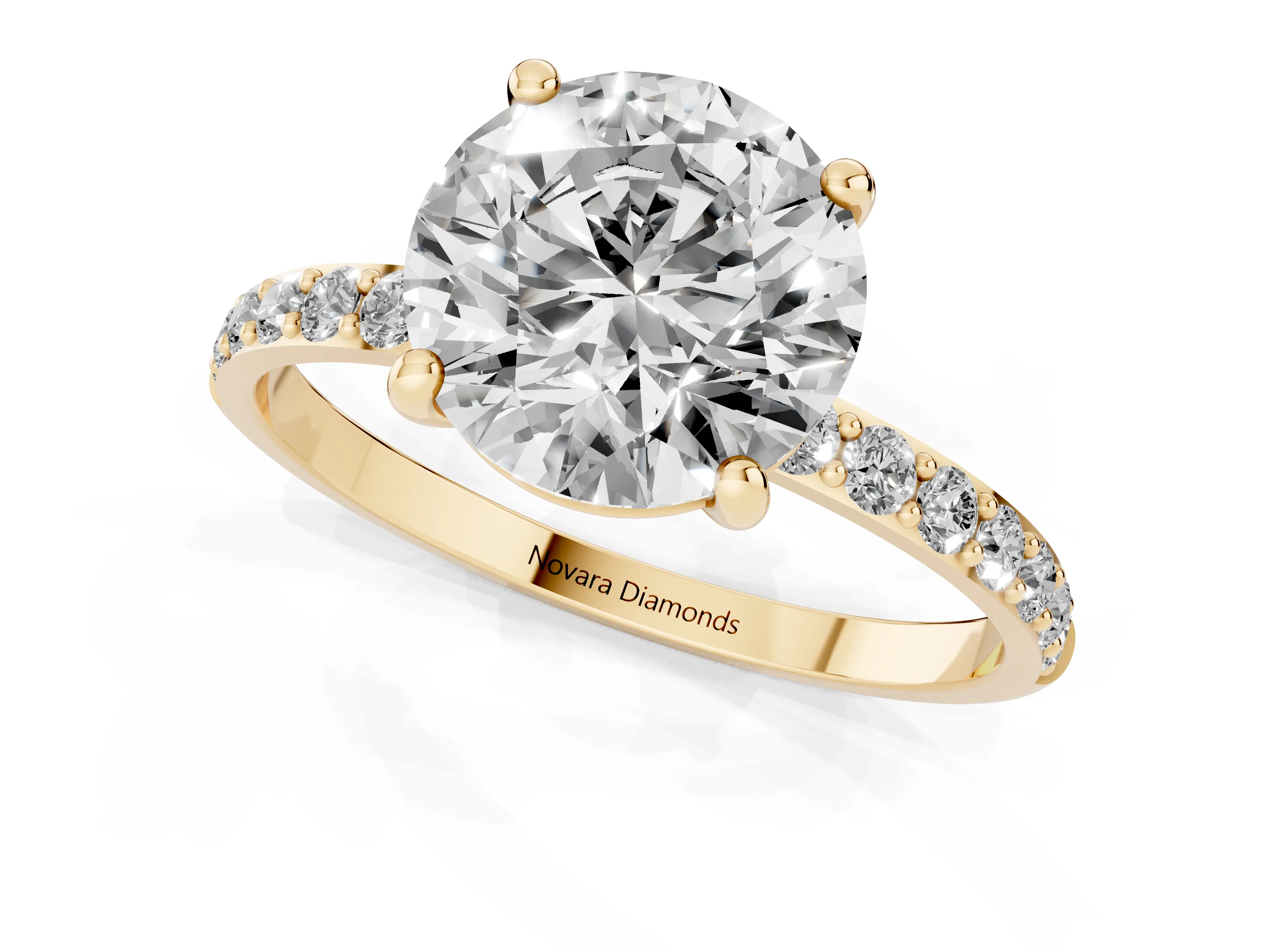 Round Cut Diamond Solitaire Ring Set in Yellow gold with Round Pavé Band and Prong Setting