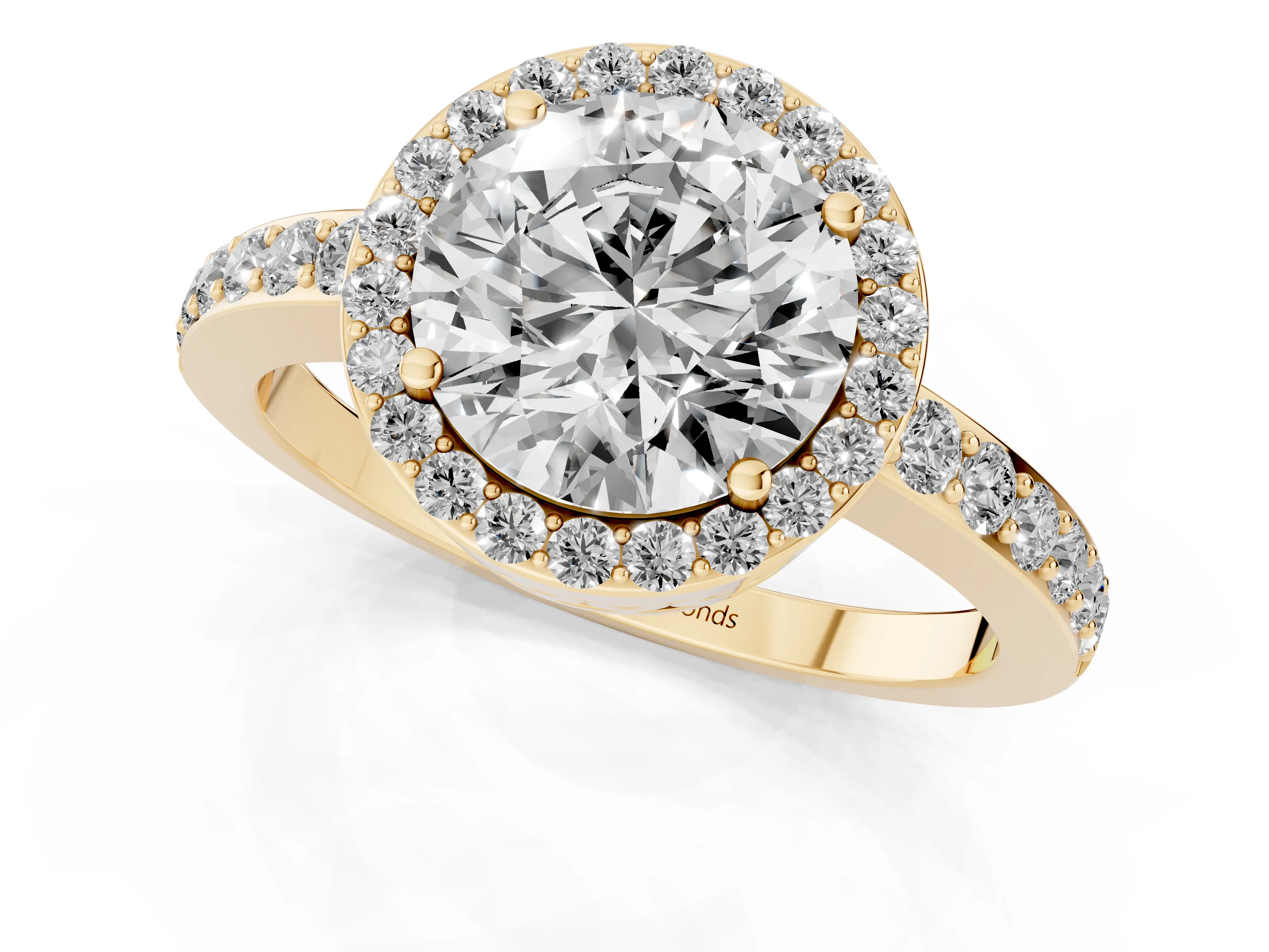 Round Cut Diamond Halo Ring Set in Yellow gold with Pavé-Setting Band and Open Prong Center