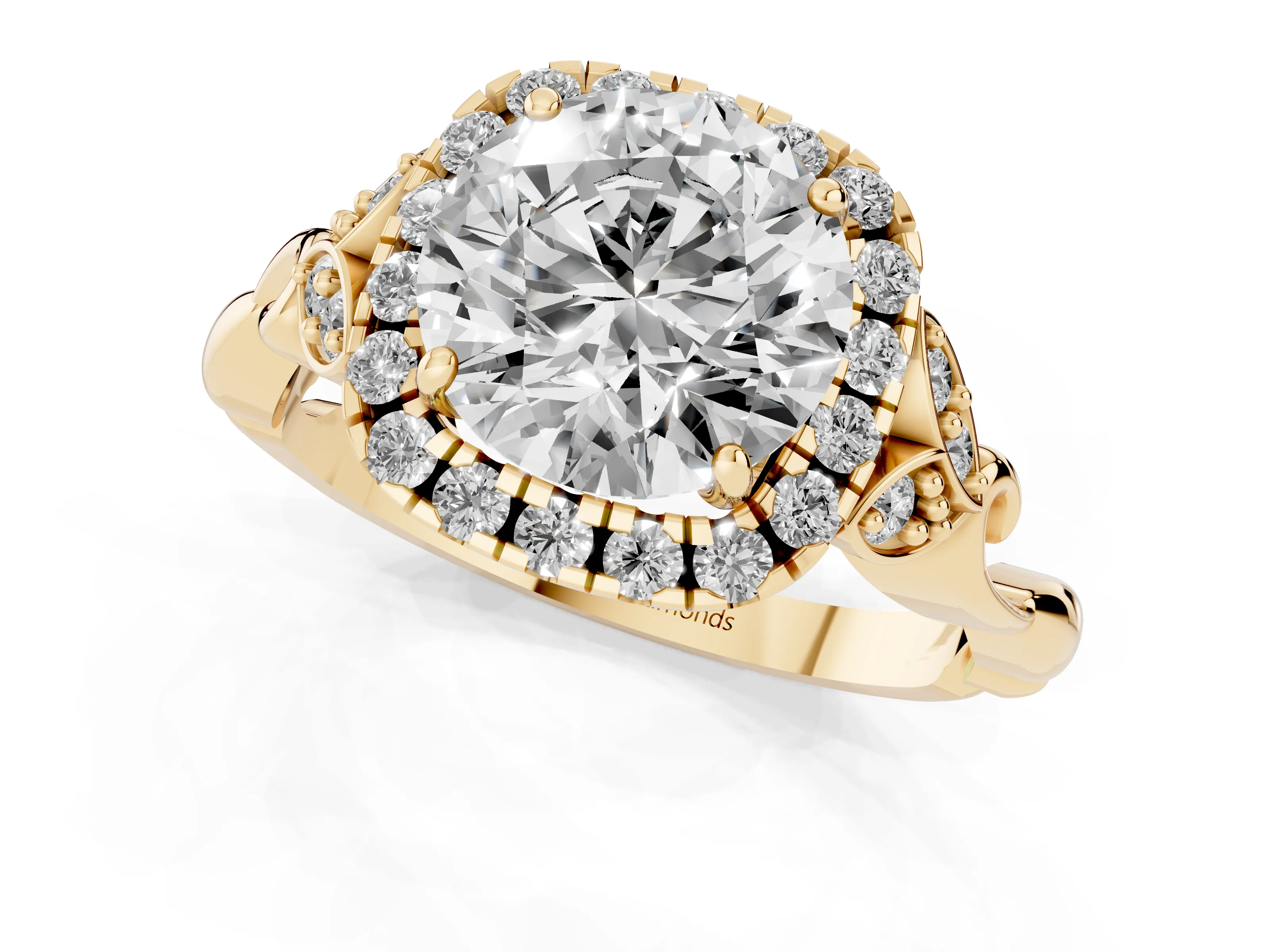 Round Cut Diamond Halo Engagement Ring Set in Yellow gold with Vintage-Inspired Band and Prong Setting
