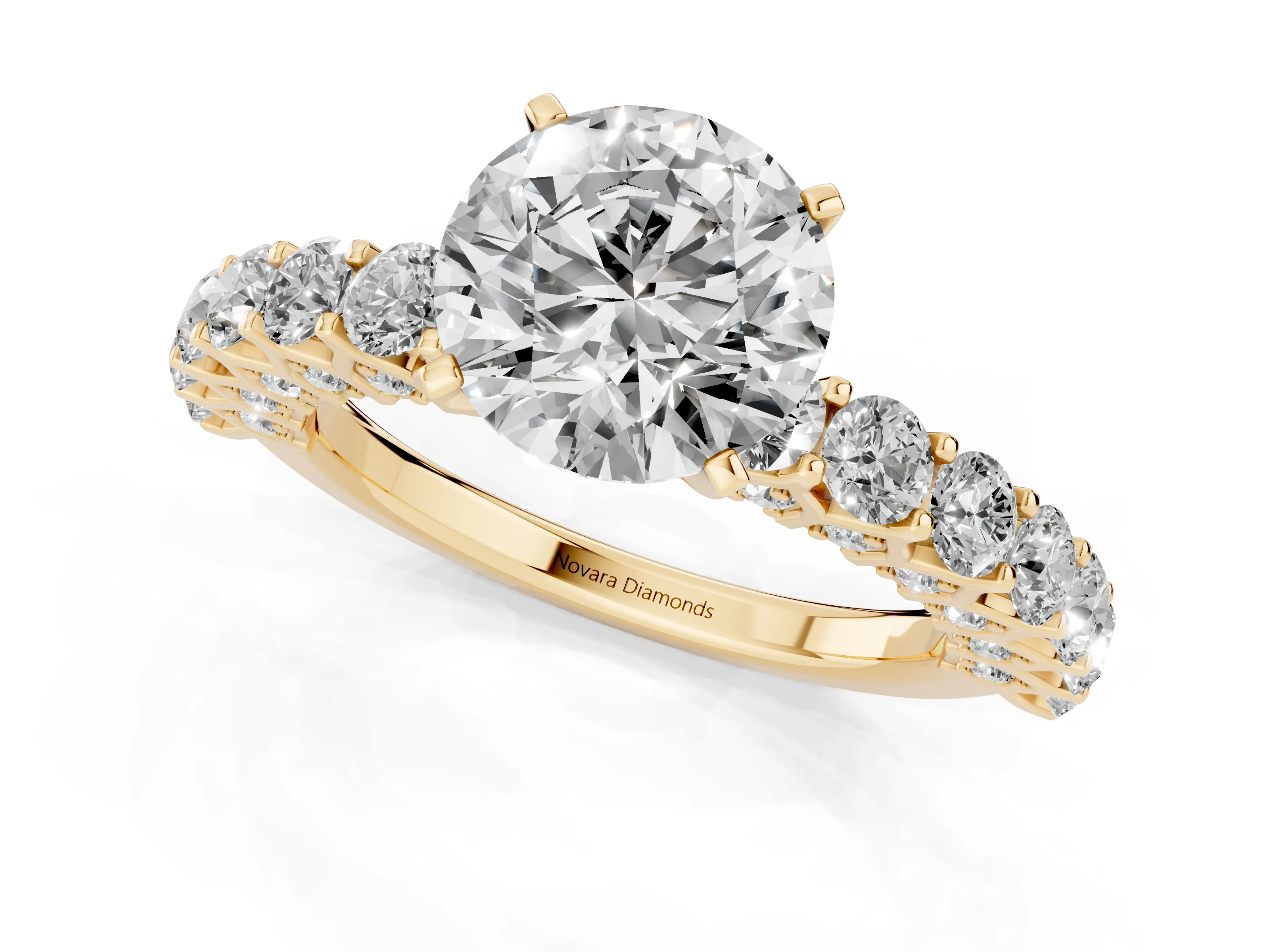 Round Cut Diamond Solitaire Ring Set in Yellow gold with Shared Prong Pavé Band