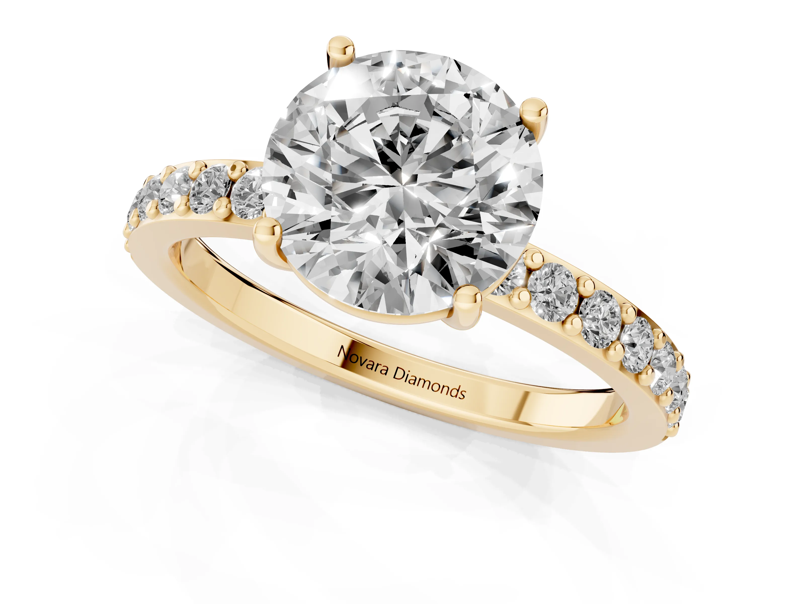 Round Cut Diamond Solitaire Set in Yellow gold with Round Pavé Band and Prong Setting