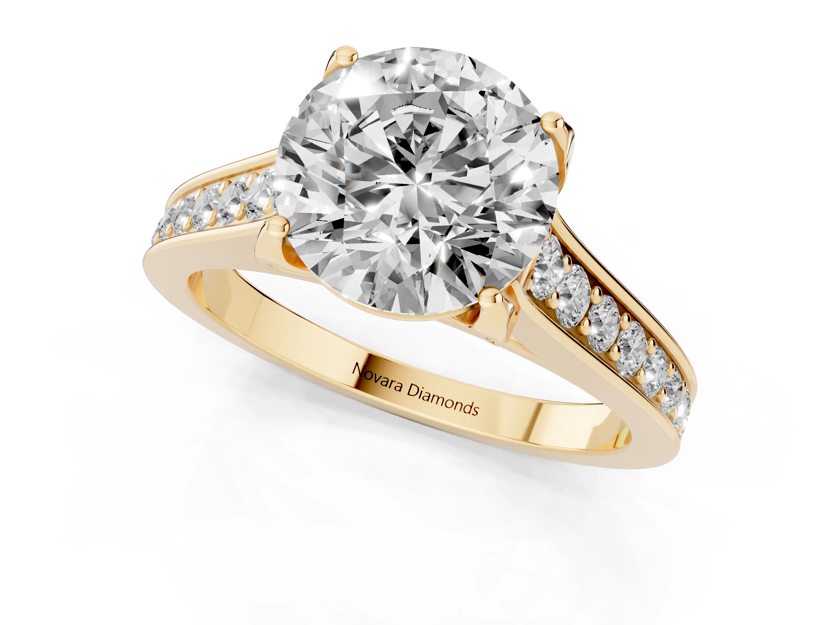 Round Cut Diamond Solitaire Pavé Engagement Ring Set in Yellow gold with Prong Setting