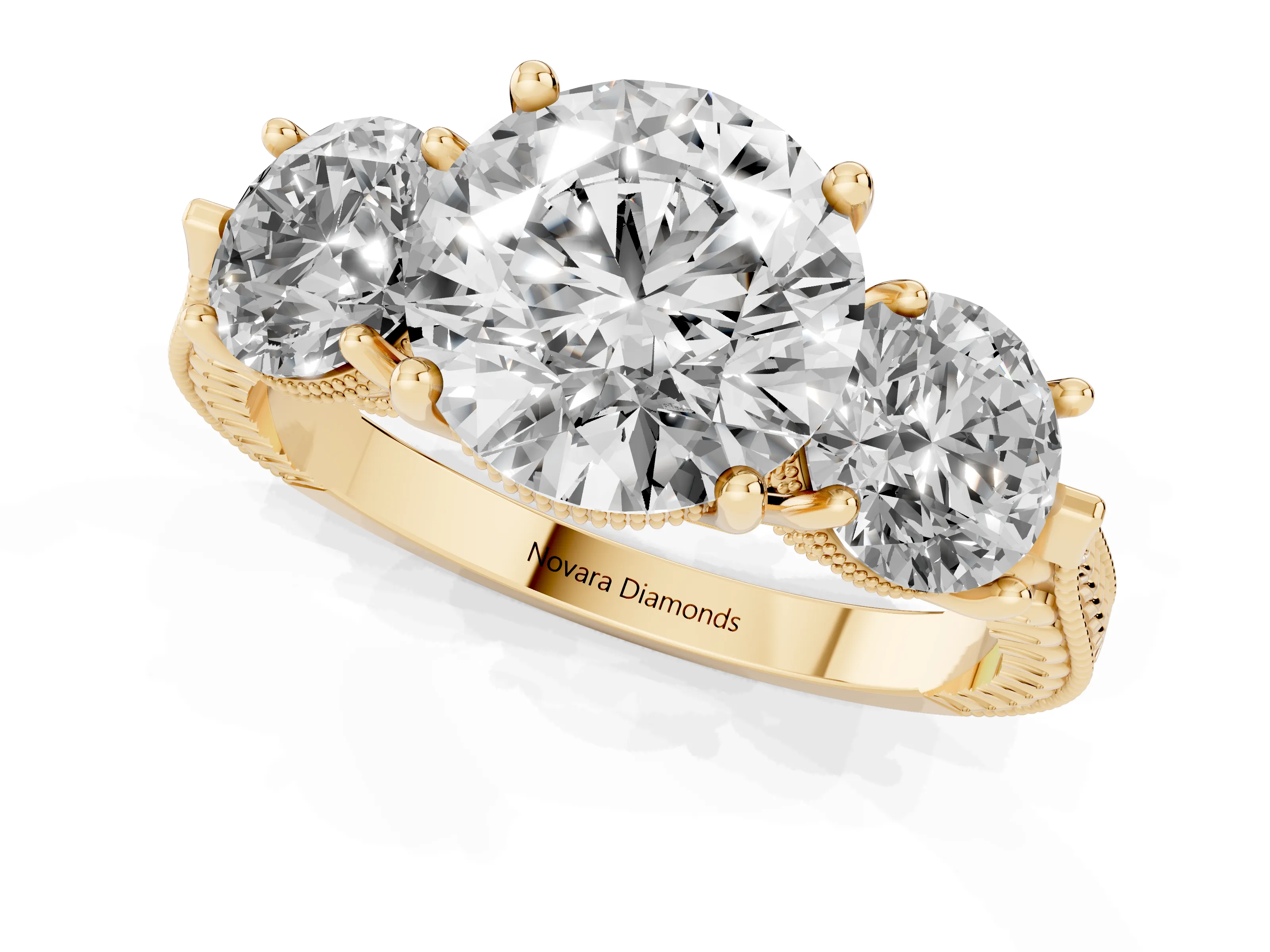 Round Cut Diamond Three-Stone Ring Set in Yellow gold with Milgrain Band