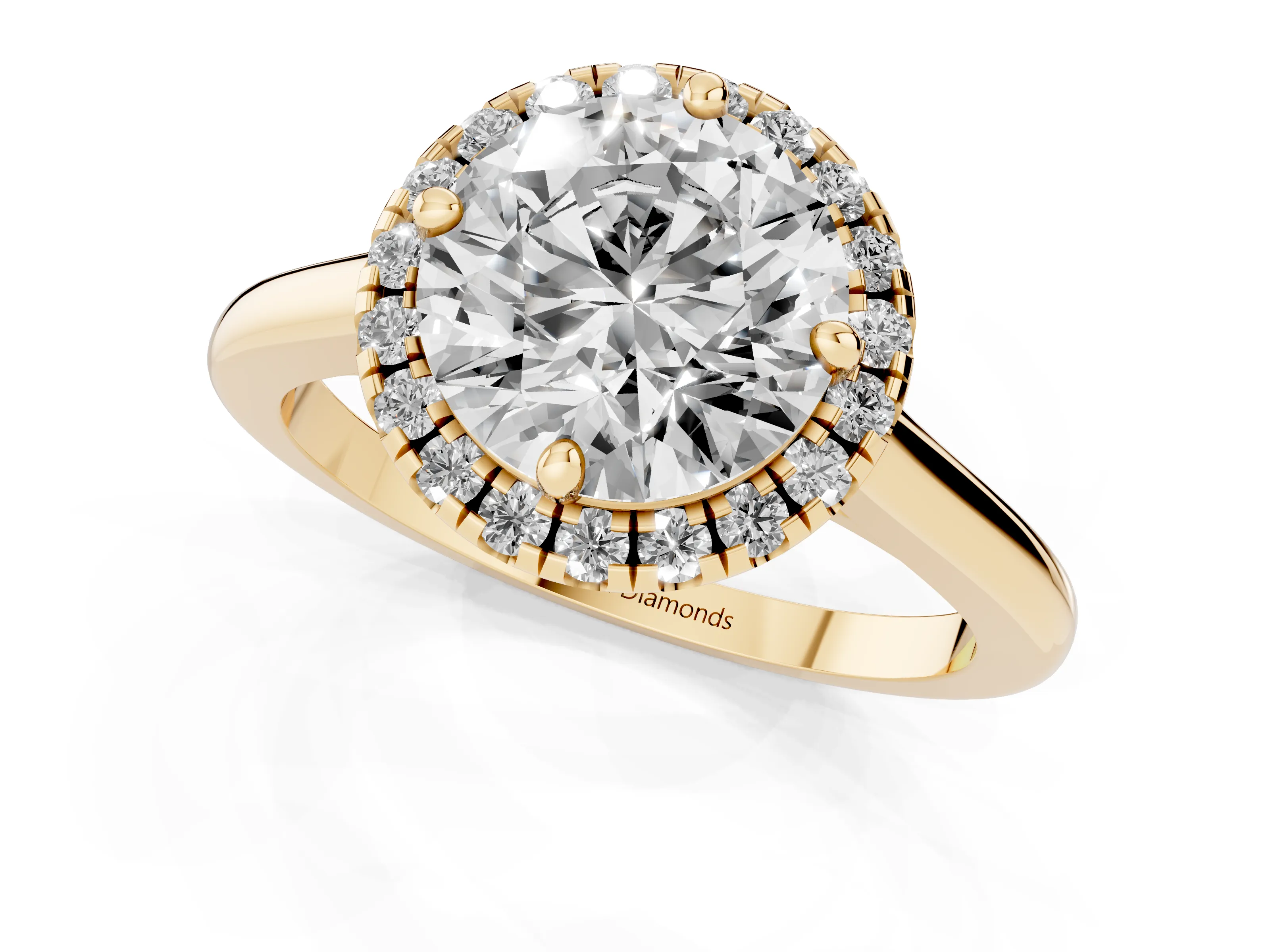Round Cut Diamond Halo Engagement Ring Set in Yellow gold with Pavé Band and Rising Shoulders