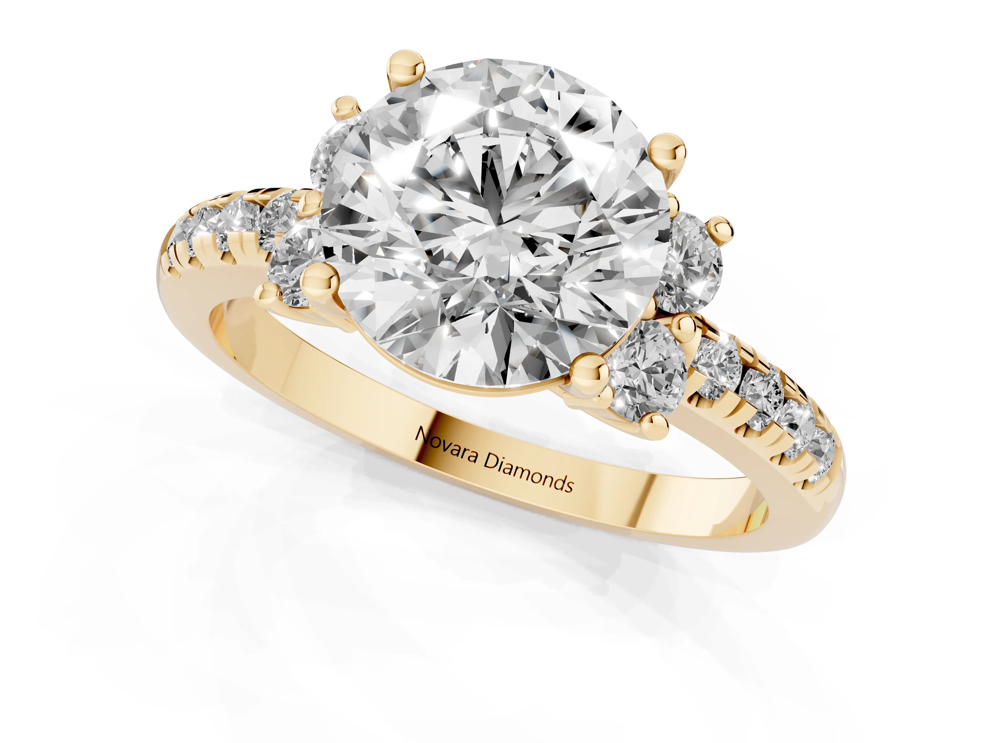 Round Cut Diamond Three-Stone Pavé Ring Set in Yellow gold with Prong Setting
