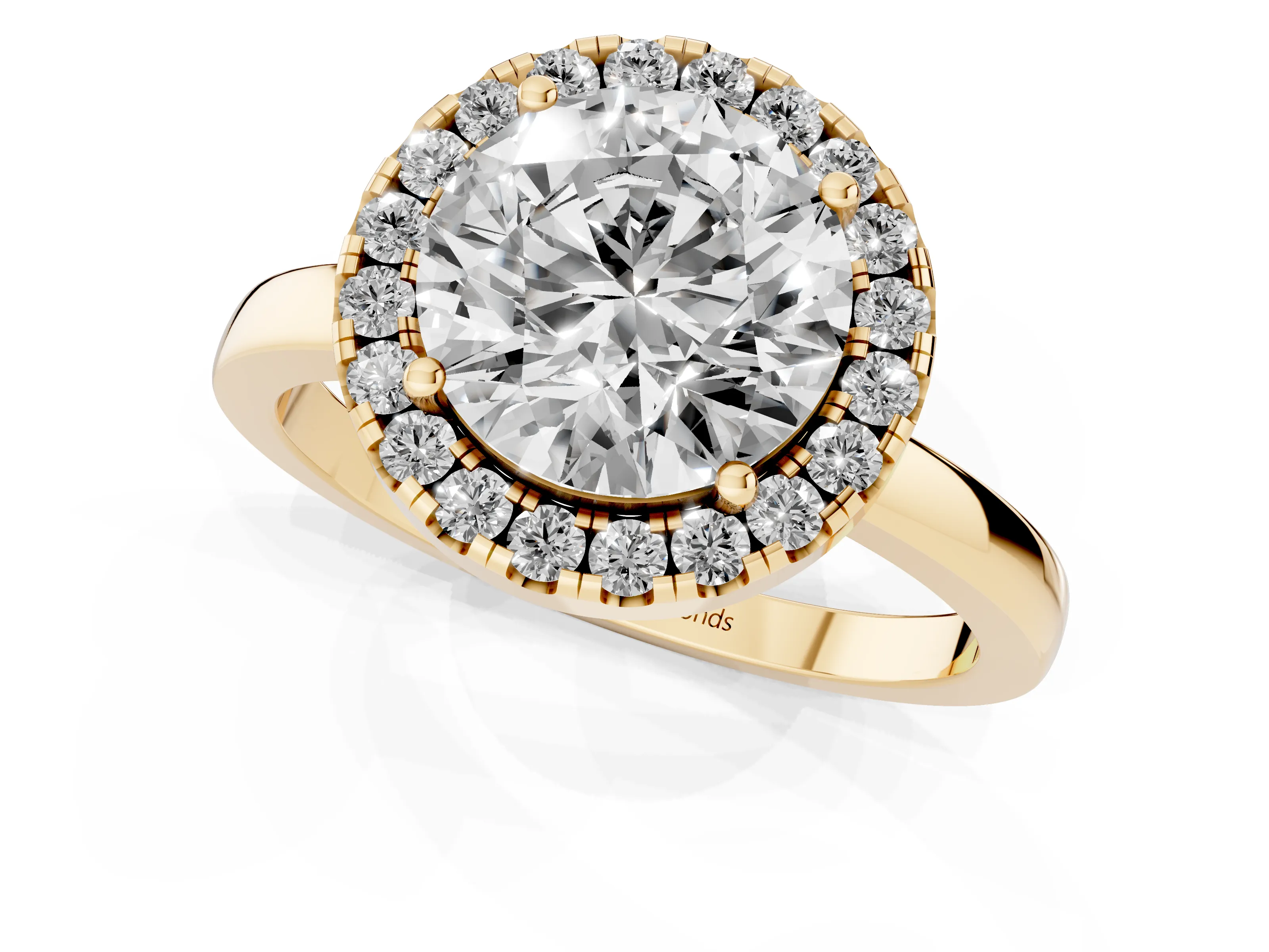 Round Cut Diamond Halo Solitaire Ring Set in Yellow gold with Pavé Band and Prong Setting