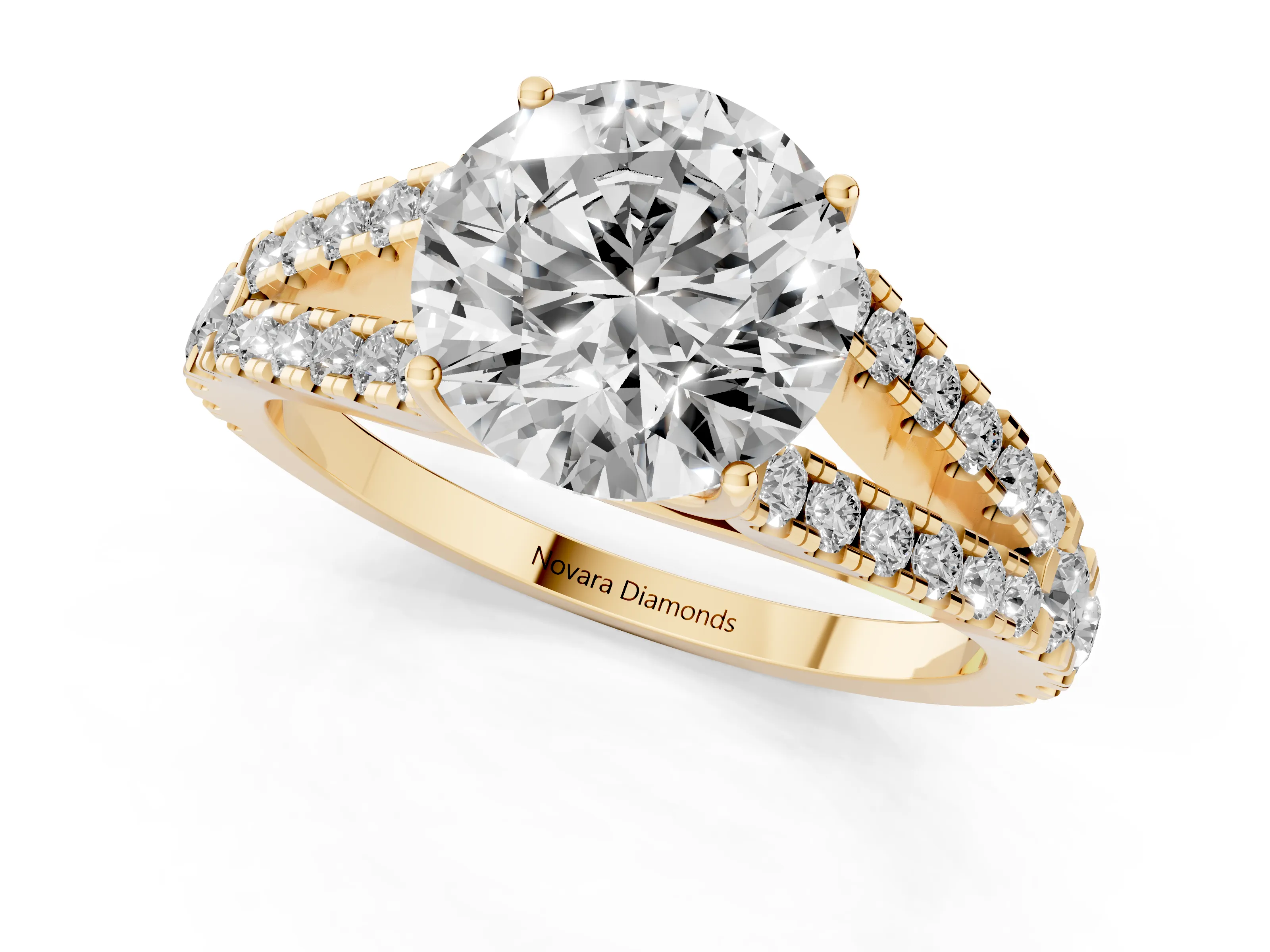 Round Cut Diamond Split Shank Pavé Engagement Ring Set in Yellow gold with Prong-Held Center Stone