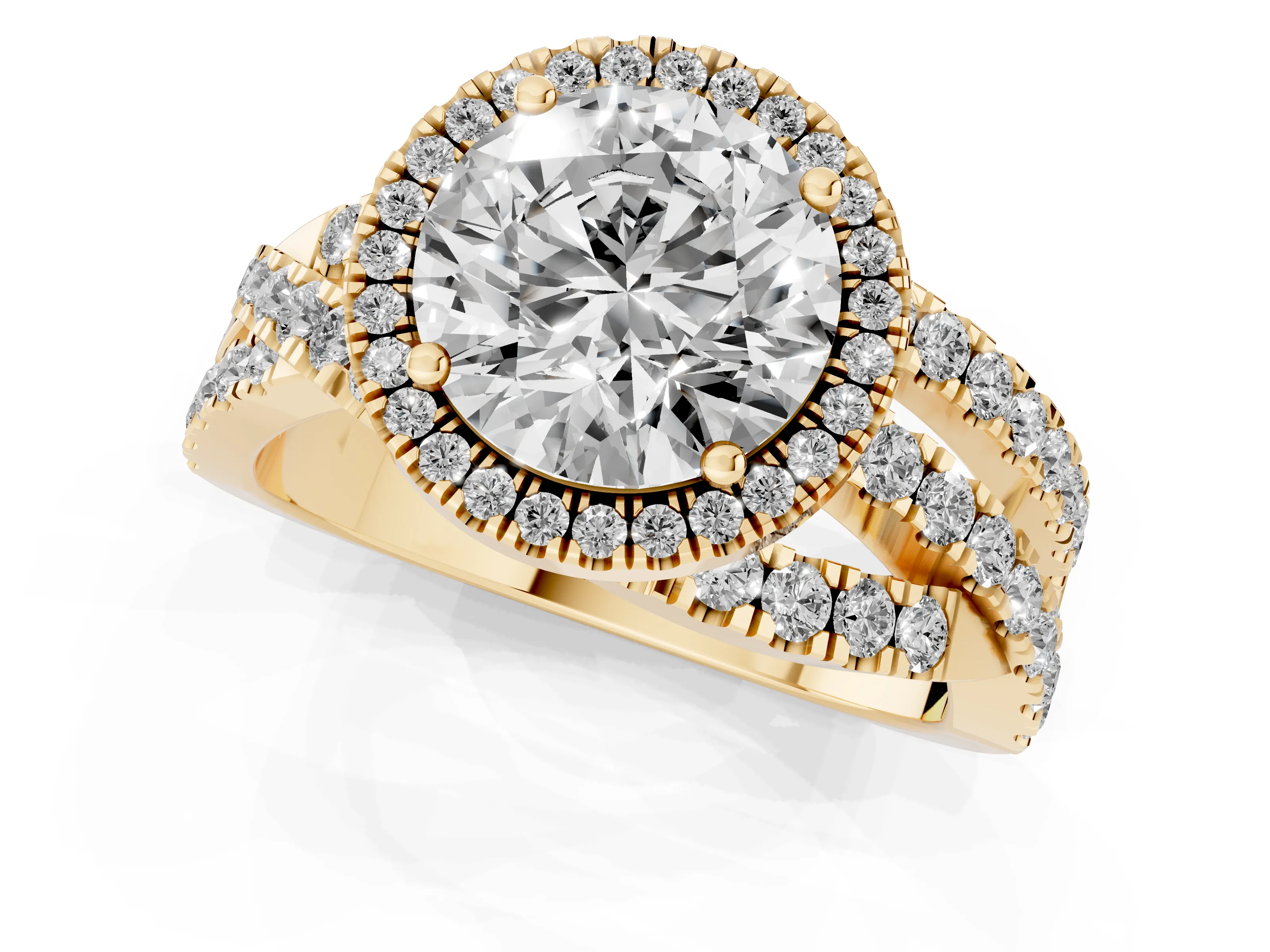 Round Cut Diamond Halo Ring Set in Yellow gold with Round Crossover Split Shank and Prong Setting