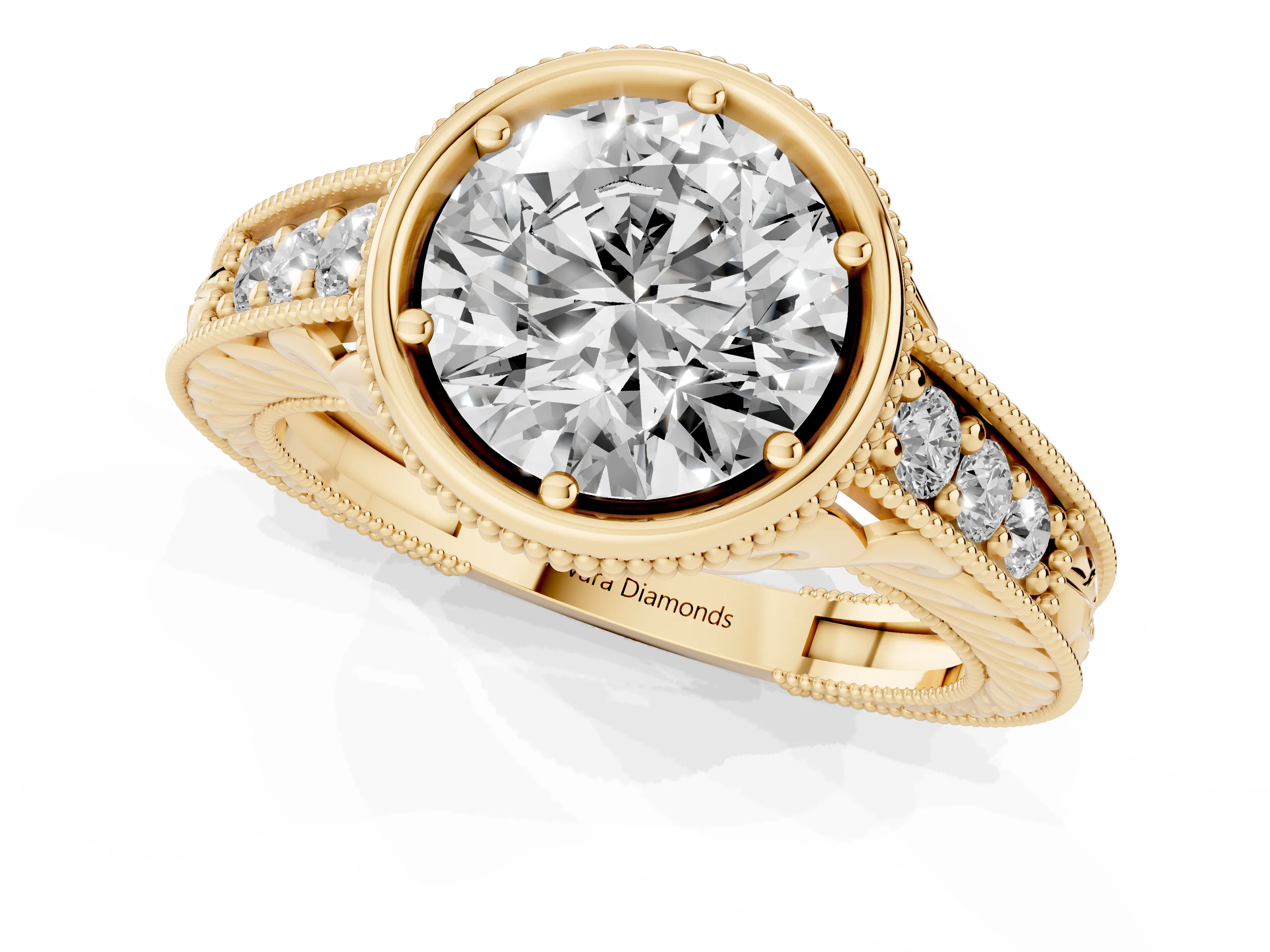 Bezel Set Round Cut Diamond Milgrain Pavé Engagement Ring Set in Yellow gold