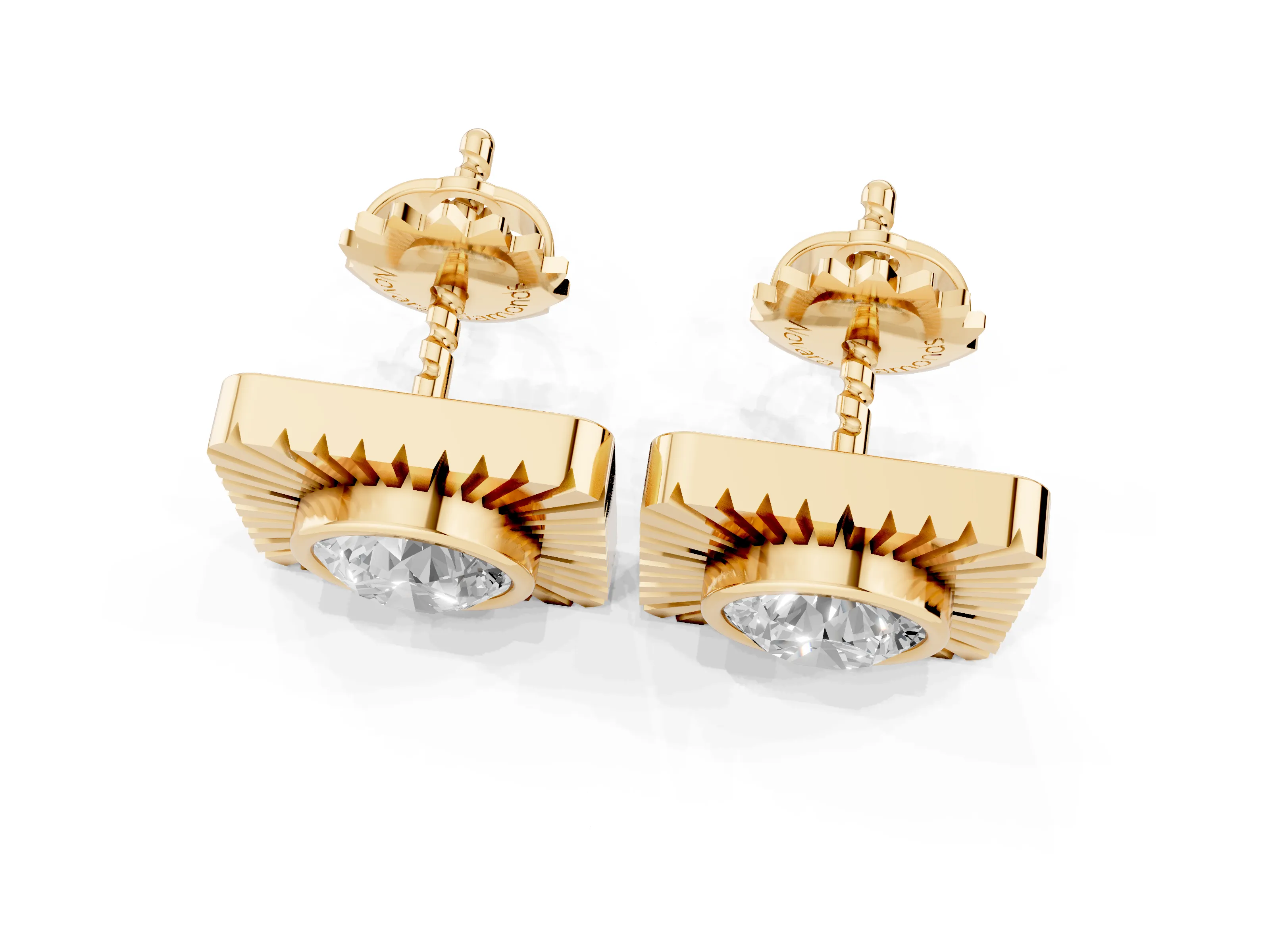Round Lab-Grown Diamond Bezel Stud Earrings | Sunburst Square Frame | Yellow Gold