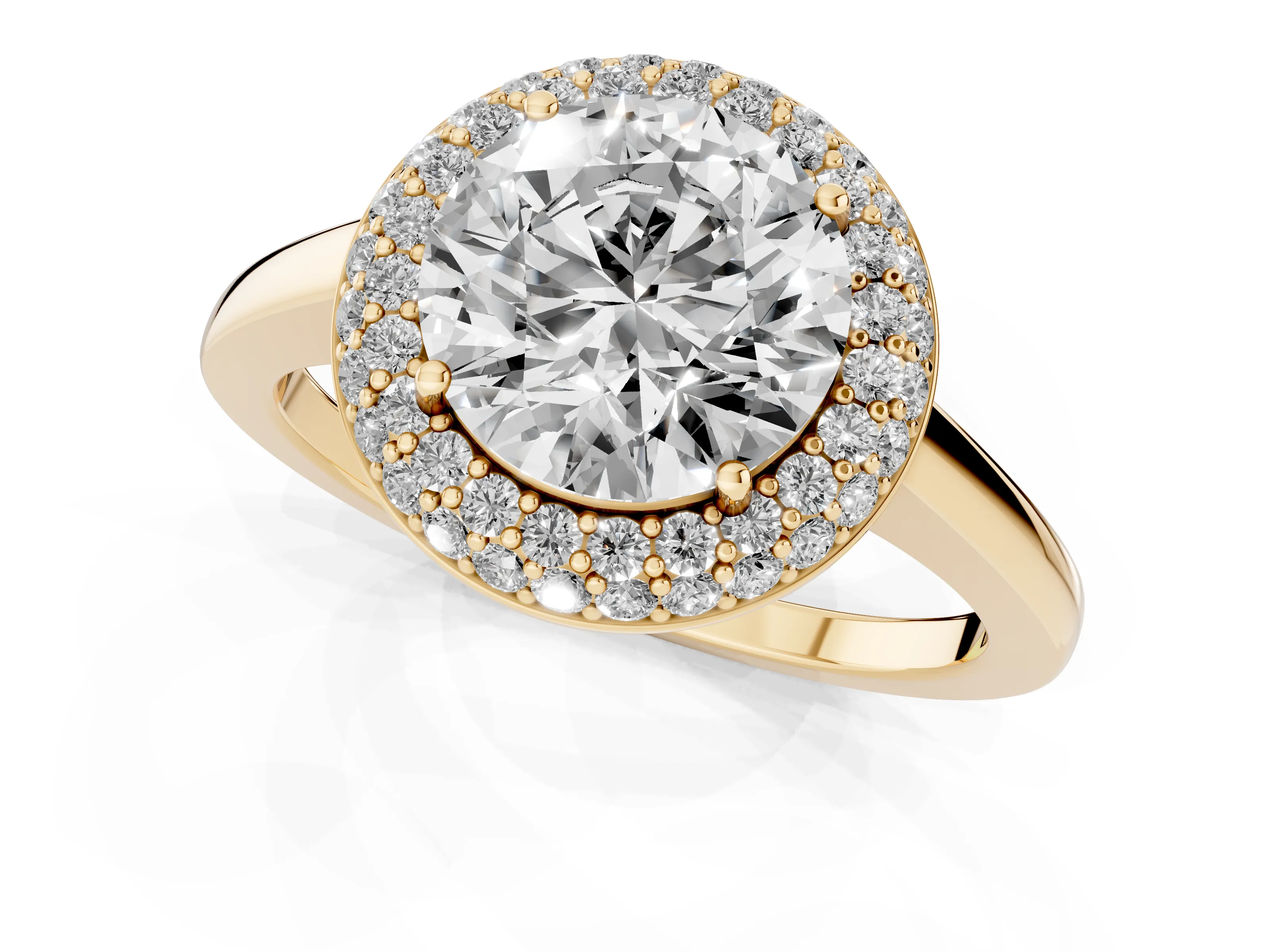 Round Cut Diamond Halo Engagement Ring Set in Yellow gold with Solitaire Band and Prong Setting