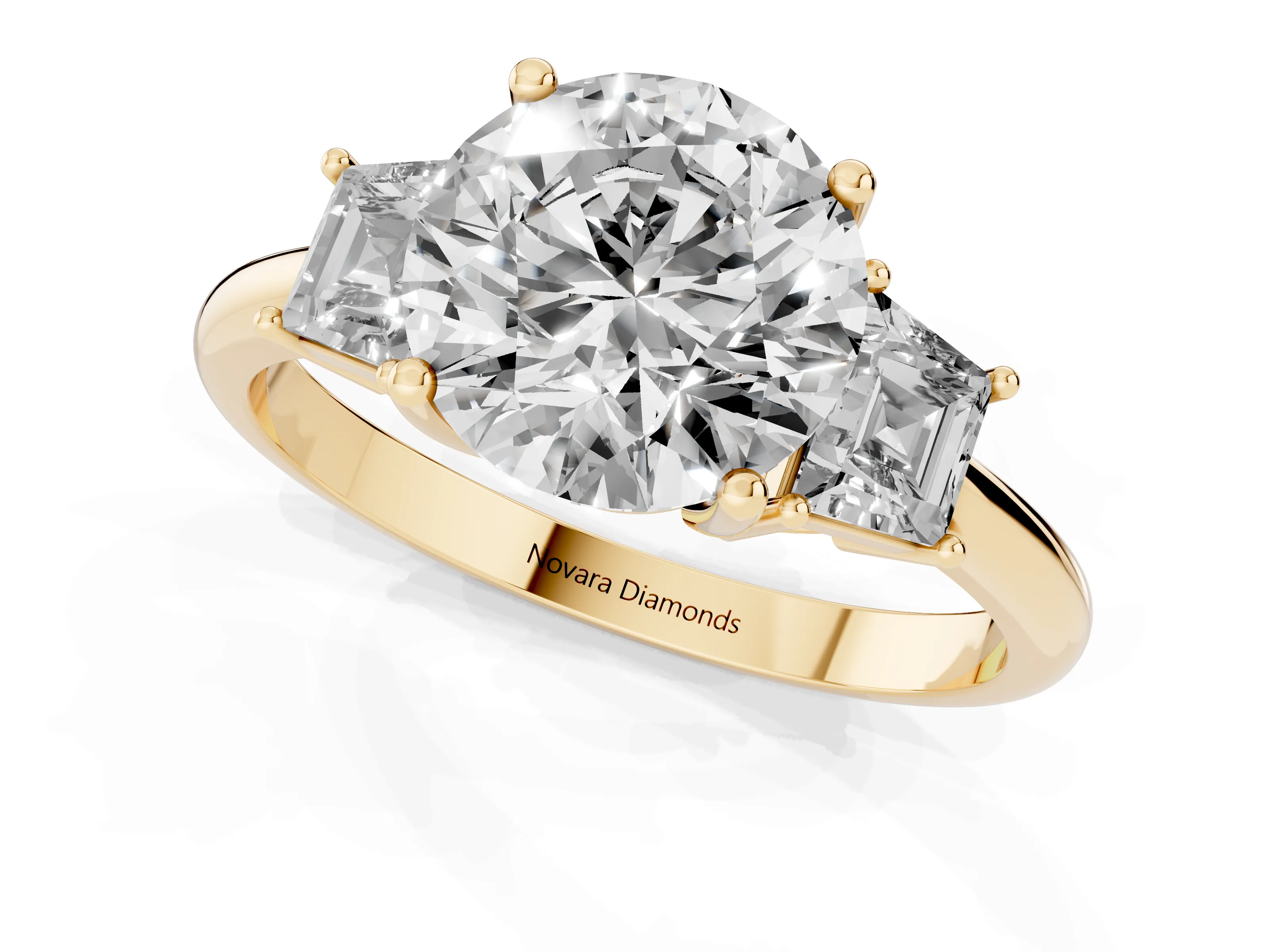 Round Cut Diamond Three-Stone Ring Set in Yellow gold with Trapezoid Side Stones and Prong Setting