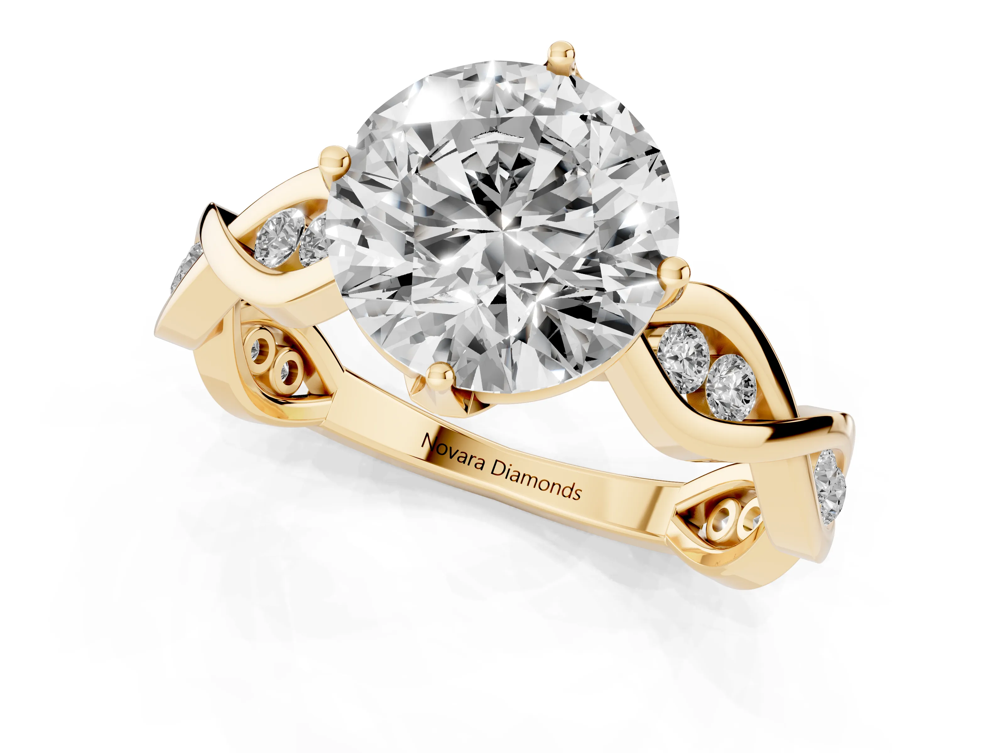 Round Cut Diamond Twist Band Solitaire Ring Set in Yellow gold with Leaf Prong Setting and Accent Stones