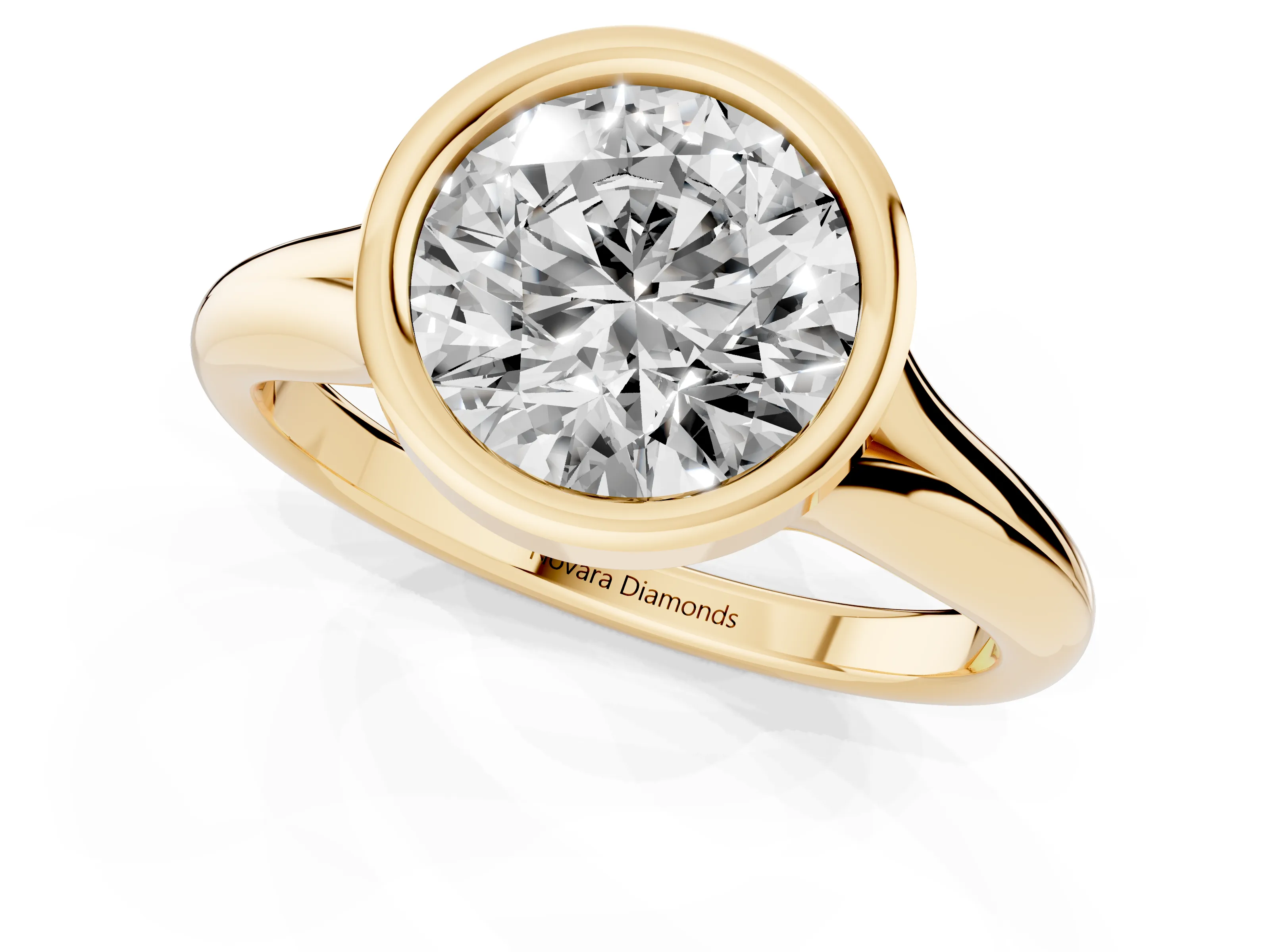 Bezel Set Round Cut Diamond Solitaire Ring Set in Yellow gold with Smooth Band
