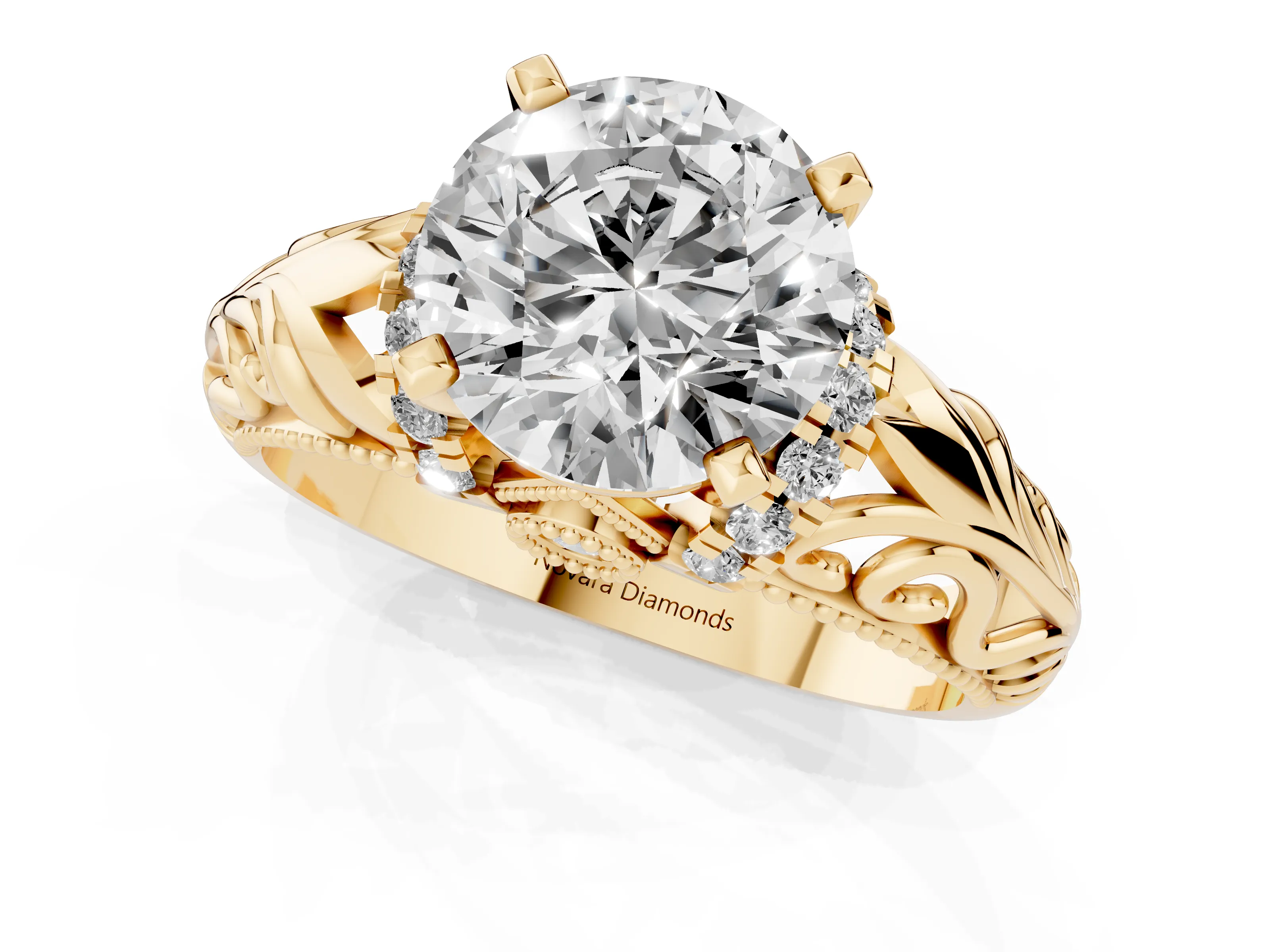Round Cut Diamond Filigree Halo Engagement Ring Set in Yellow gold with Prong Setting – second view