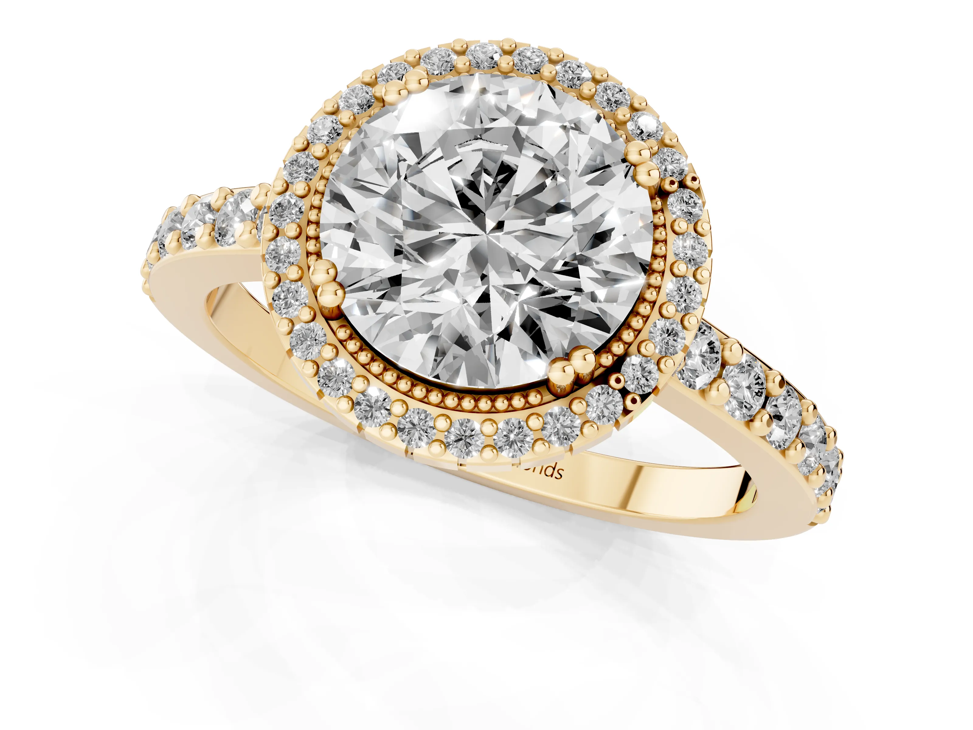 Round Cut Diamond Halo Engagement Ring Set in Yellow gold with Milgrain Detail and Pavé Band