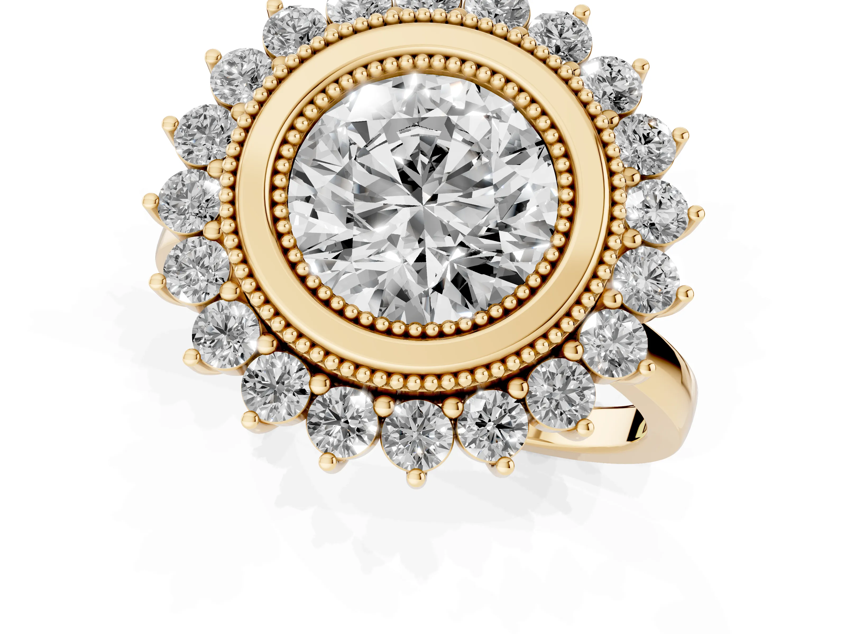 Round Cut Diamond Halo Ring Set in Yellow gold with Milgrain Edge and Round Prong Setting