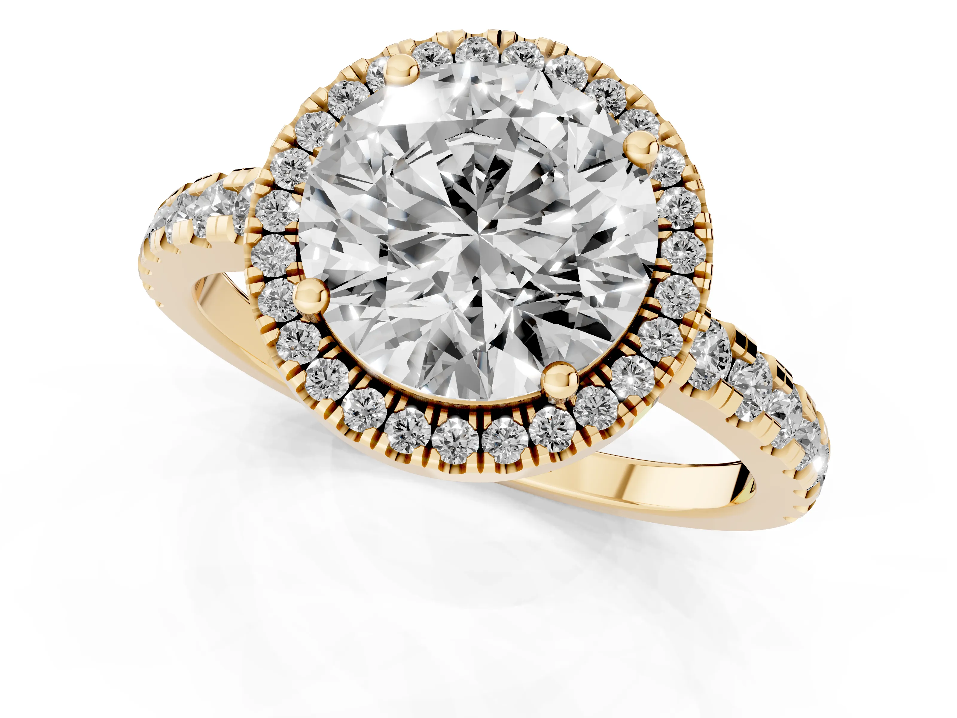Round Cut Diamond Halo Ring Set in Yellow gold with Delicate Pavé Band and Prong Setting