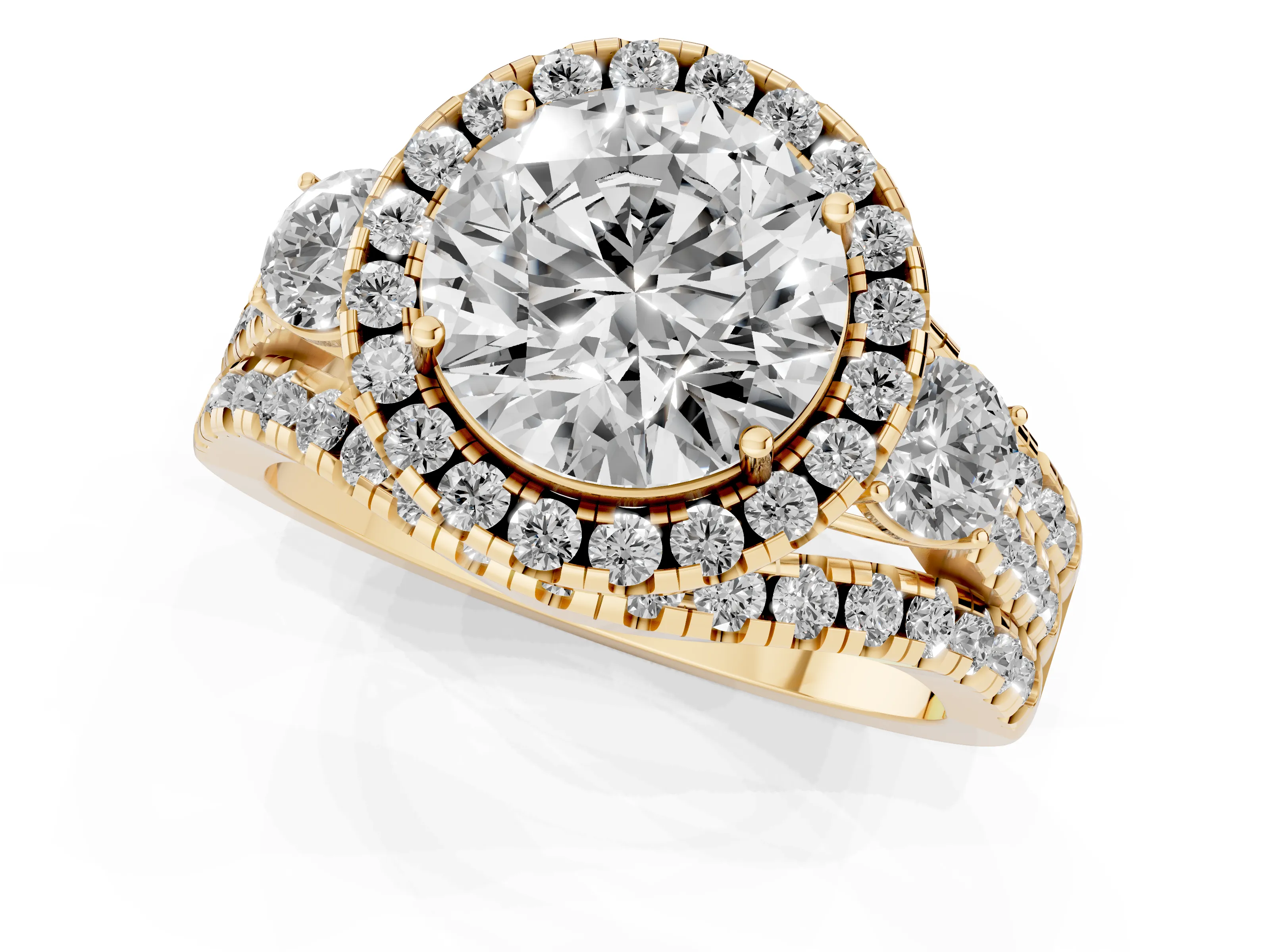 Round Cut Diamond Halo Split Shank Ring Set in Yellow gold with Round Accent Stones and Prong Setting
