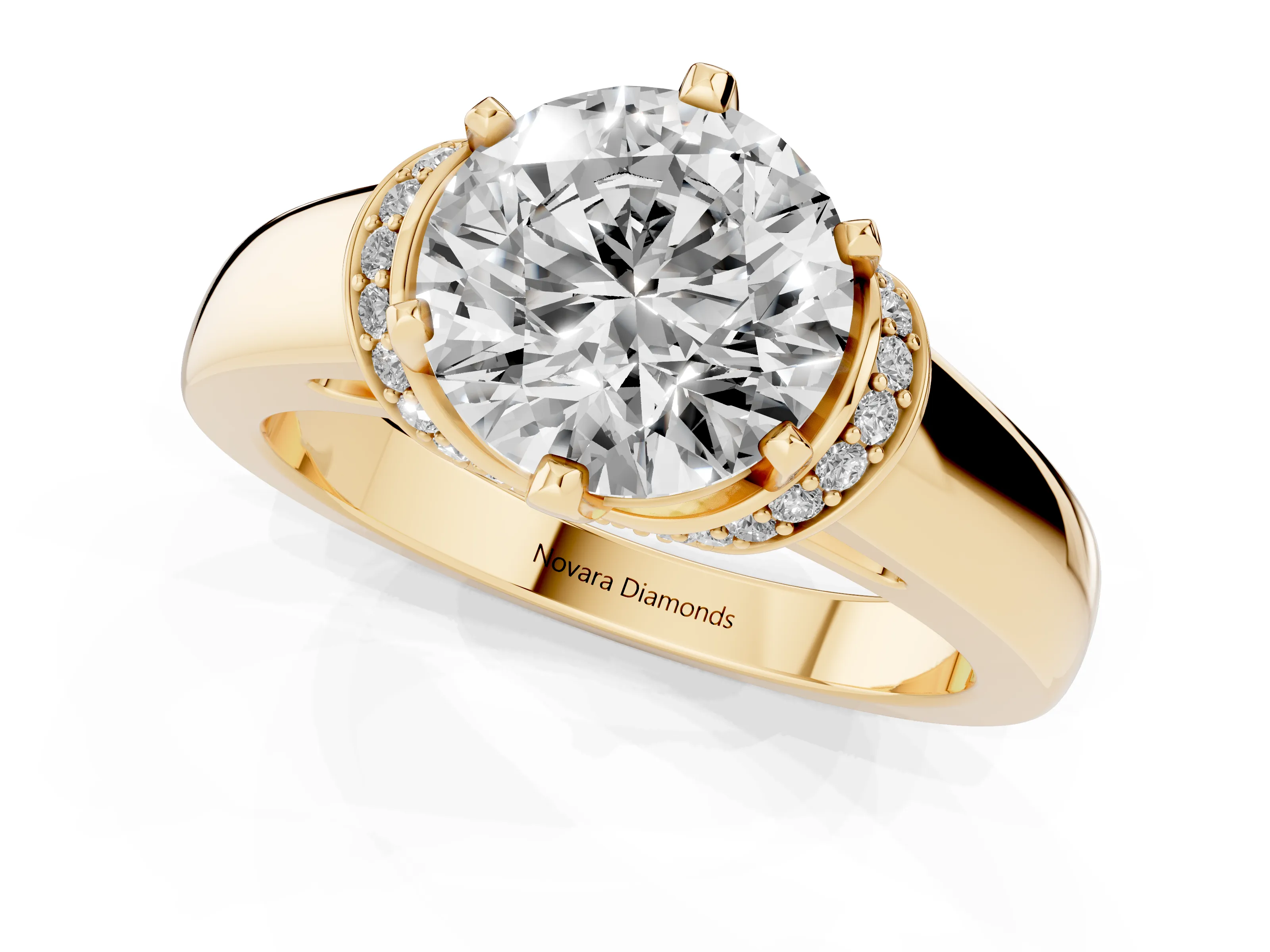 Round Cut Diamond Pavé Band Solitaire Ring Set in Yellow gold with Prong Setting