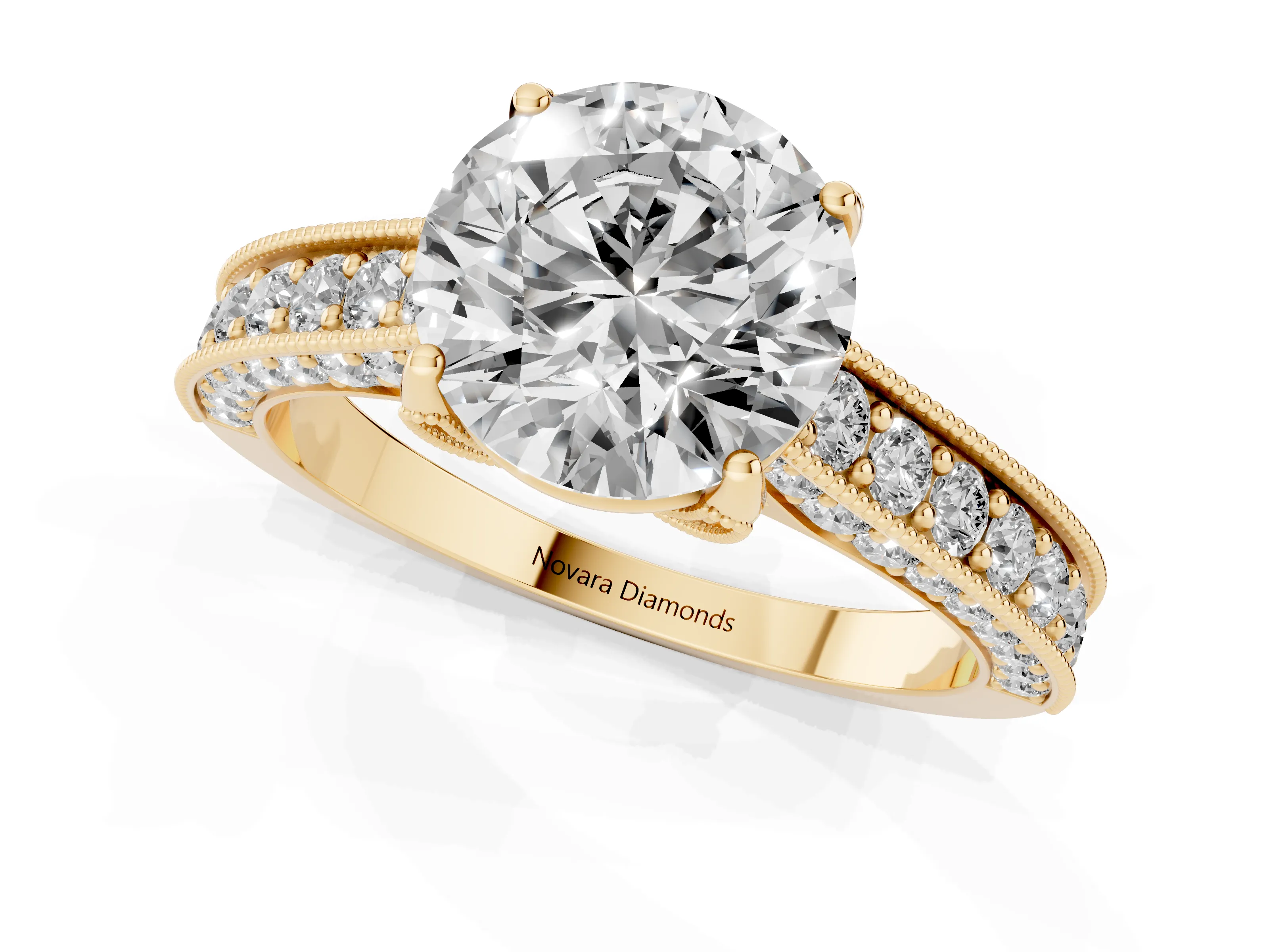 Round Cut Diamond Solitaire Ring Set in Yellow gold with Milgrain-Edged Pavé Band and Prong Setting