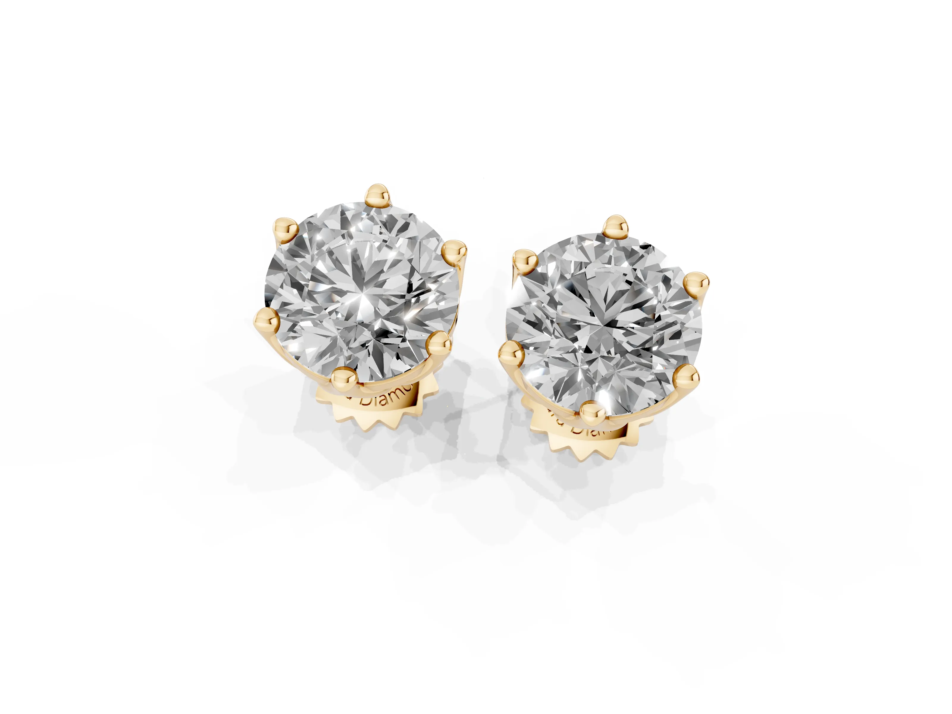 Round Diamond Six-Prong Flower Petal Solitaire Stud Earrings Set in Yellow gold