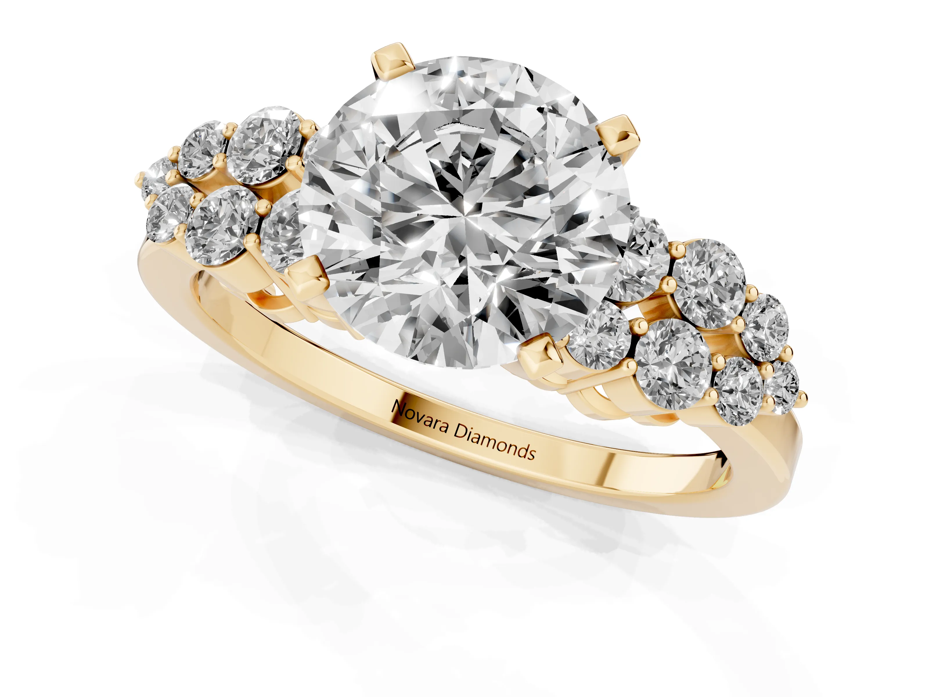 Round Cut Diamond Cluster Engagement Ring Set in Yellow gold with Pavé Band and Prong Setting