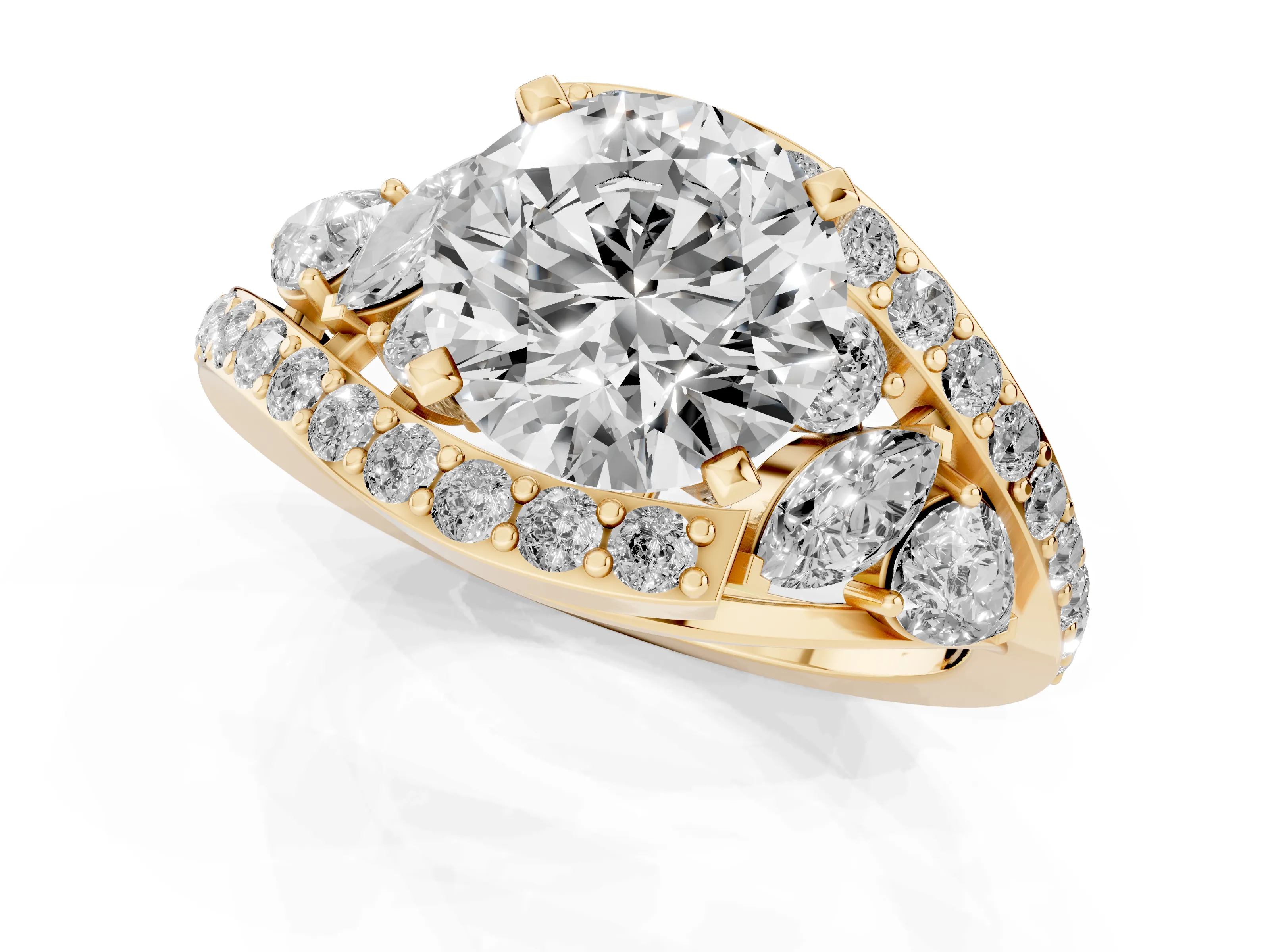 Round Cut Diamond Halo Ring Set in Yellow gold with Marquise and Pavé Band in Prong Setting