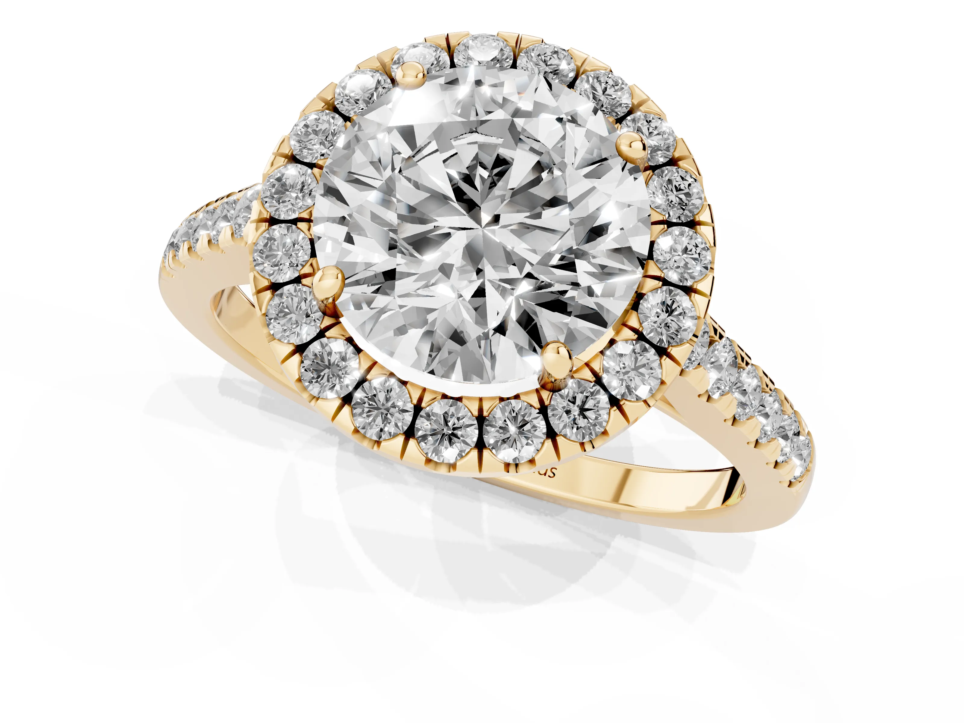 Round Cut Diamond Halo Pavé Engagement Ring Set in Yellow gold with Prong Setting