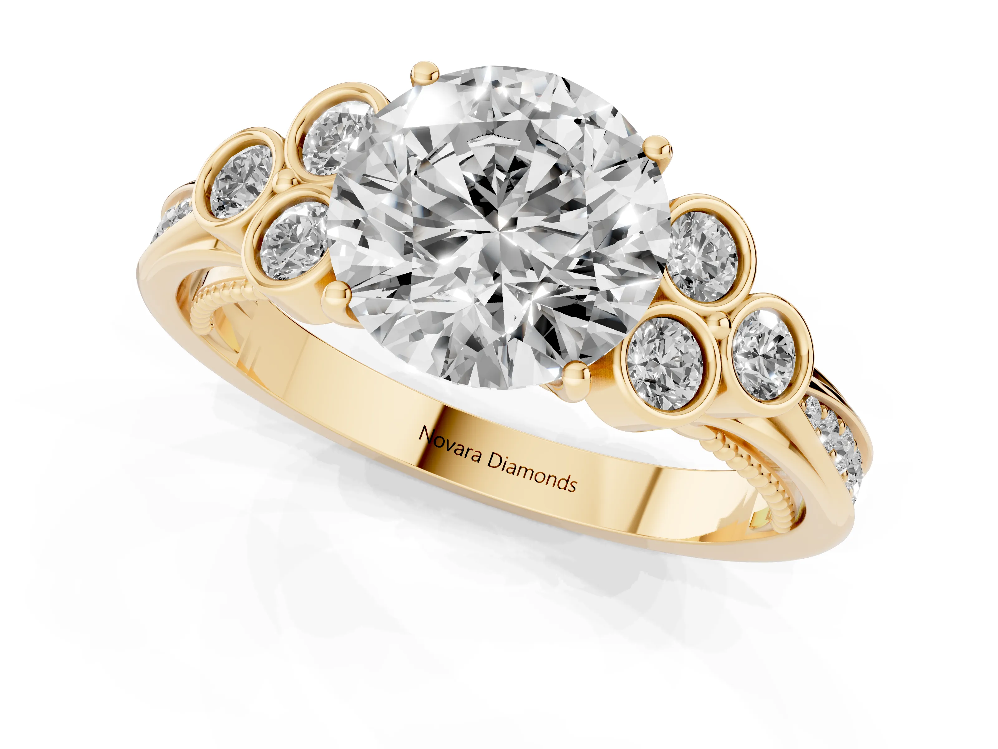 Round Cut Diamond Engagement Ring Set in Yellow gold with Bezel Set Round Side Stones and Prong Setting
