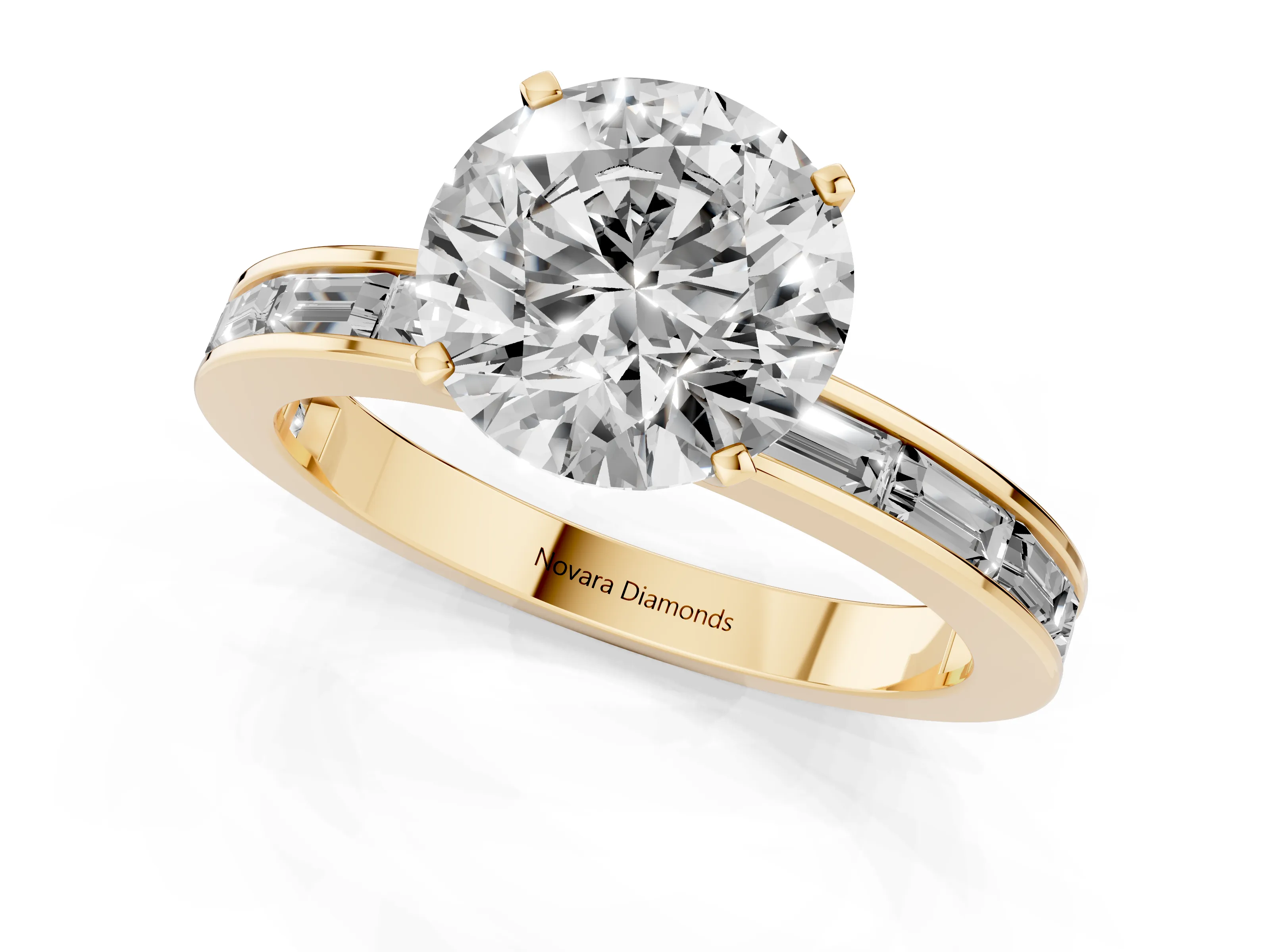Round Cut Diamond Solitaire Ring Set in Yellow gold with Channel-Set Baguette Band and Prong Setting