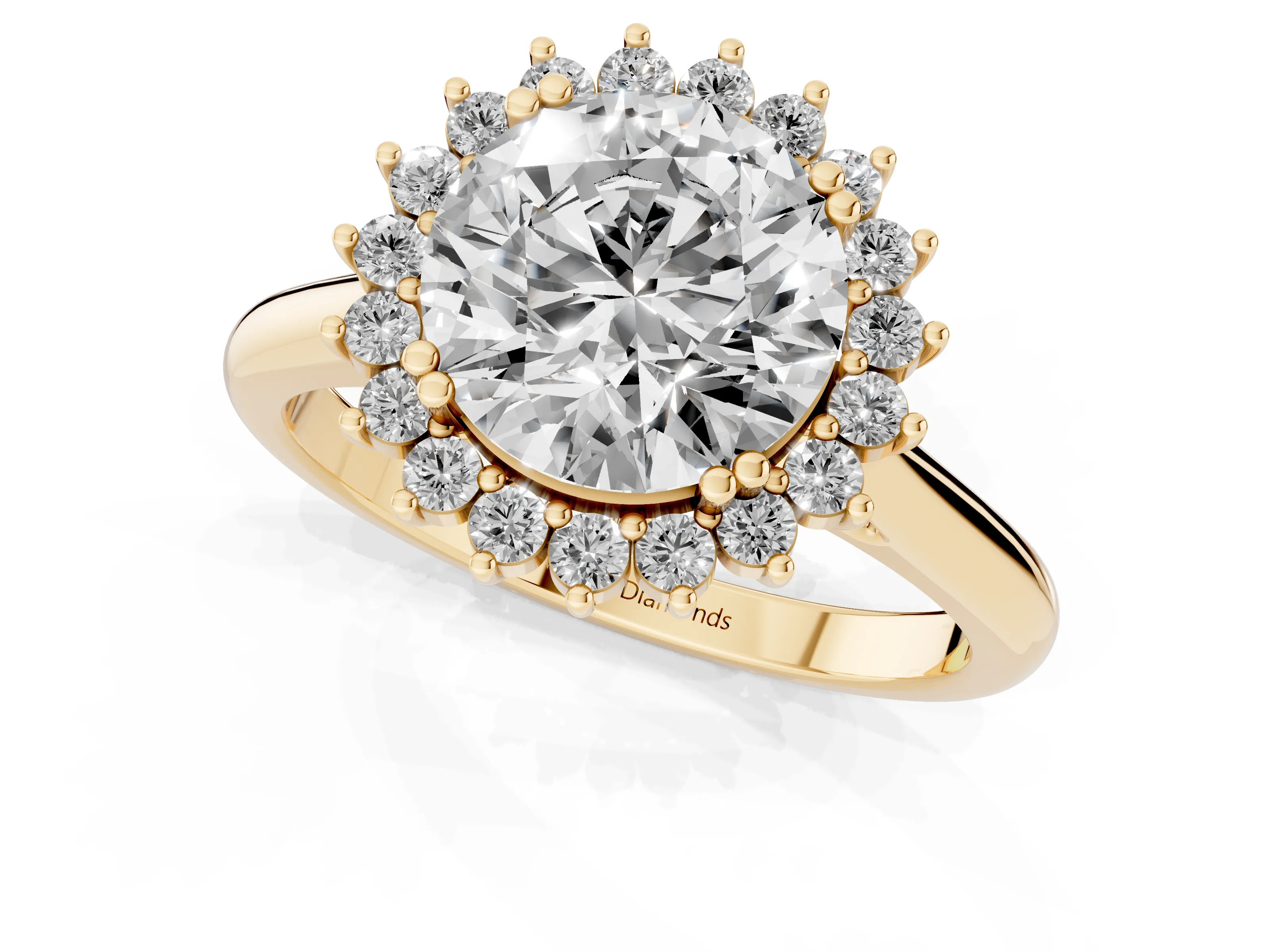 Round Cut Diamond Halo Ring Set in Yellow gold with Plain Solitaire Band and Prong Setting