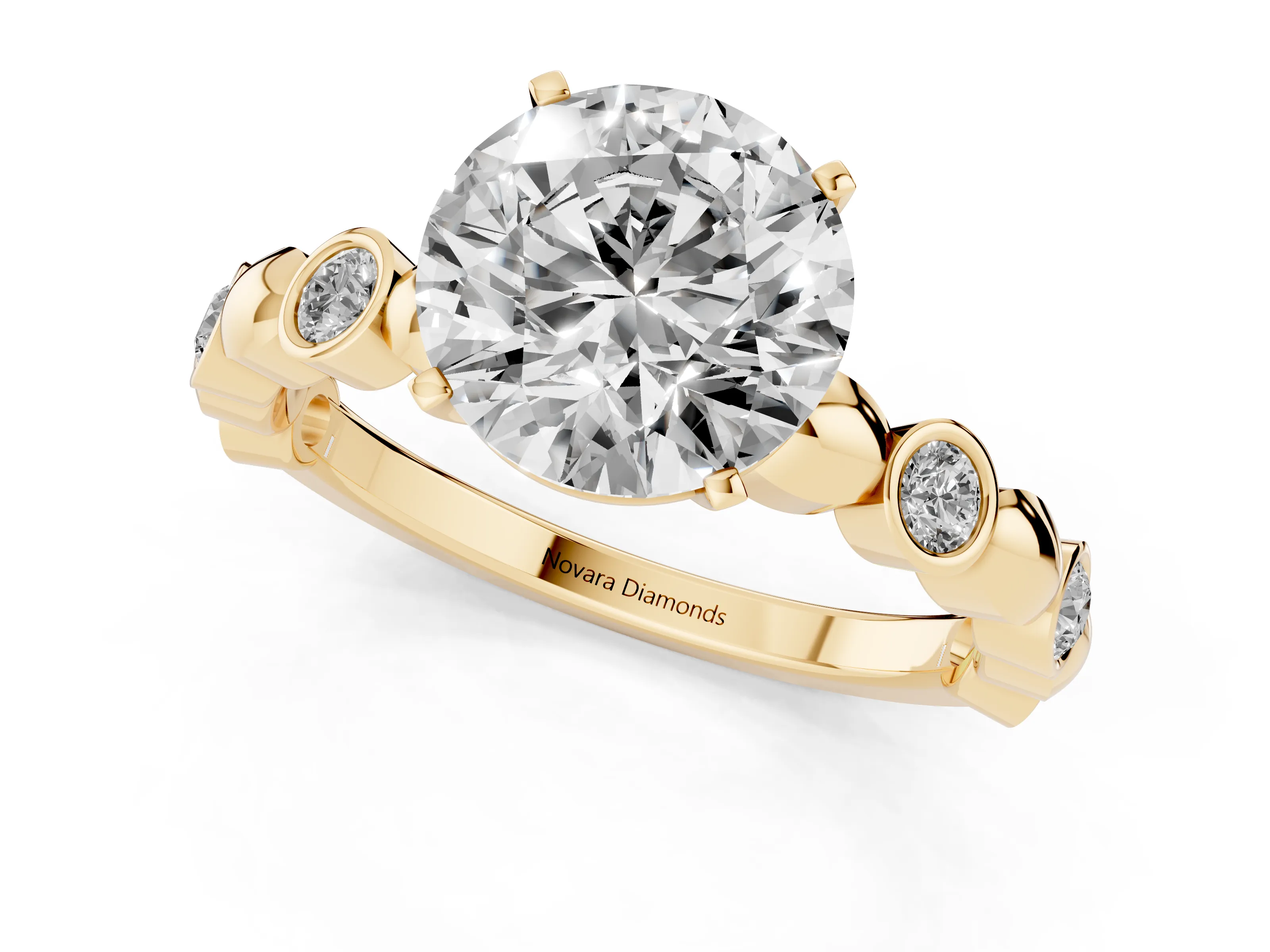 Round Cut Diamond Solitaire Ring Set in Yellow gold with Bezel-Set Accents on Beaded Band and Prong Setting