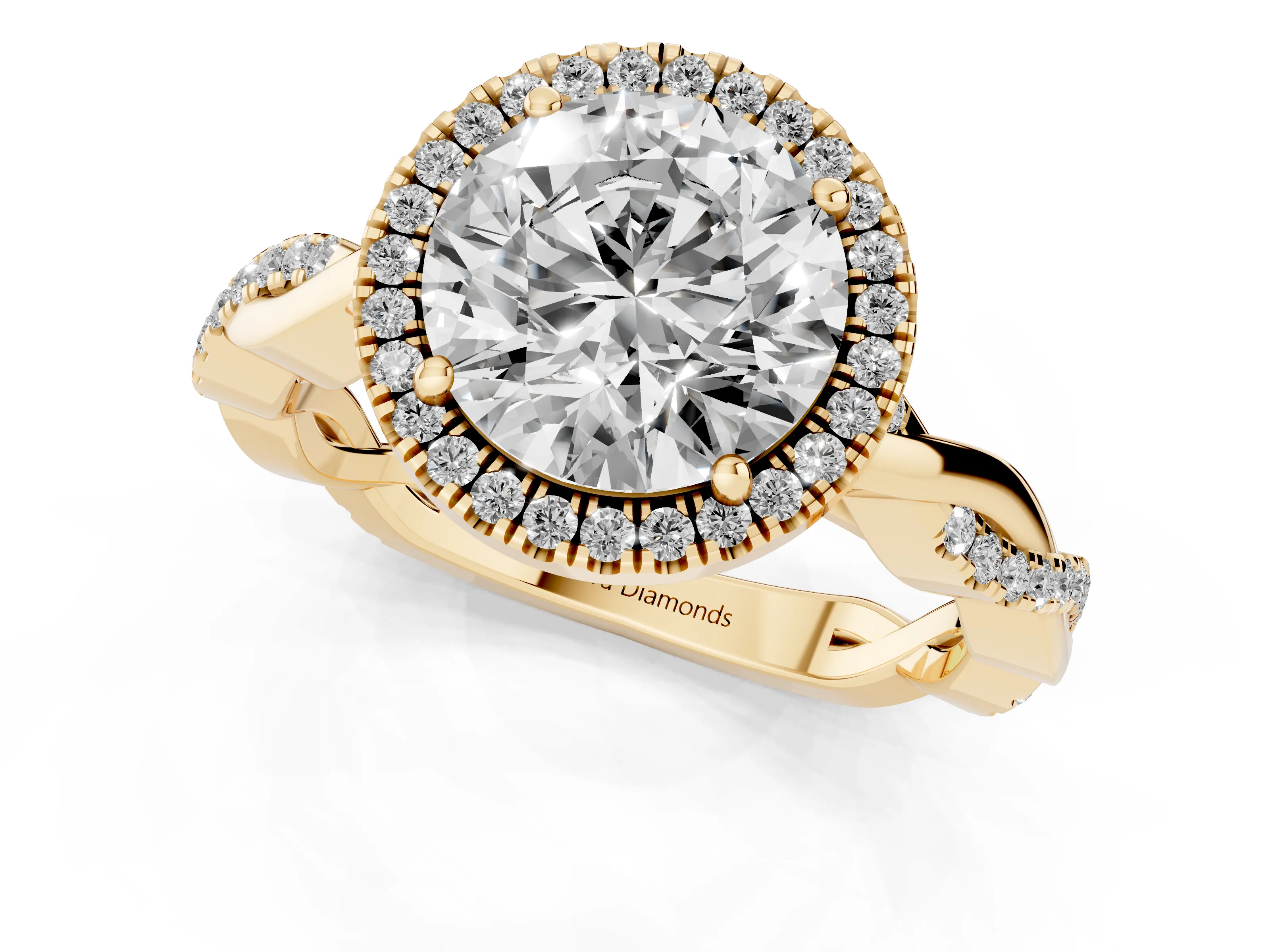 Round Cut Diamond Halo Twisted Band Ring Set in Yellow gold with Prong Setting