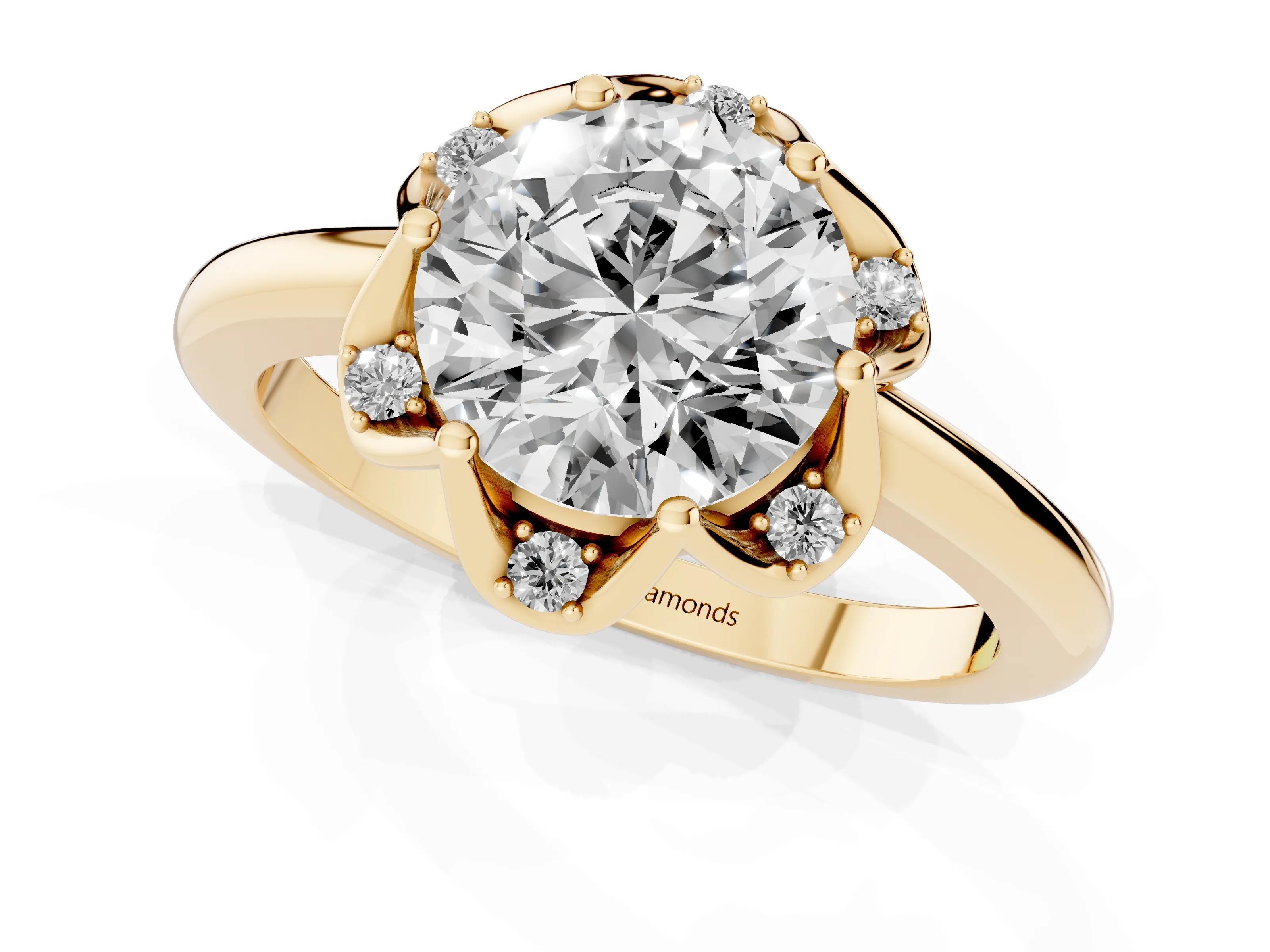 Round Cut Diamond Round Cluster Halo Ring Set in Yellow gold with Solitaire Band and Prong Setting