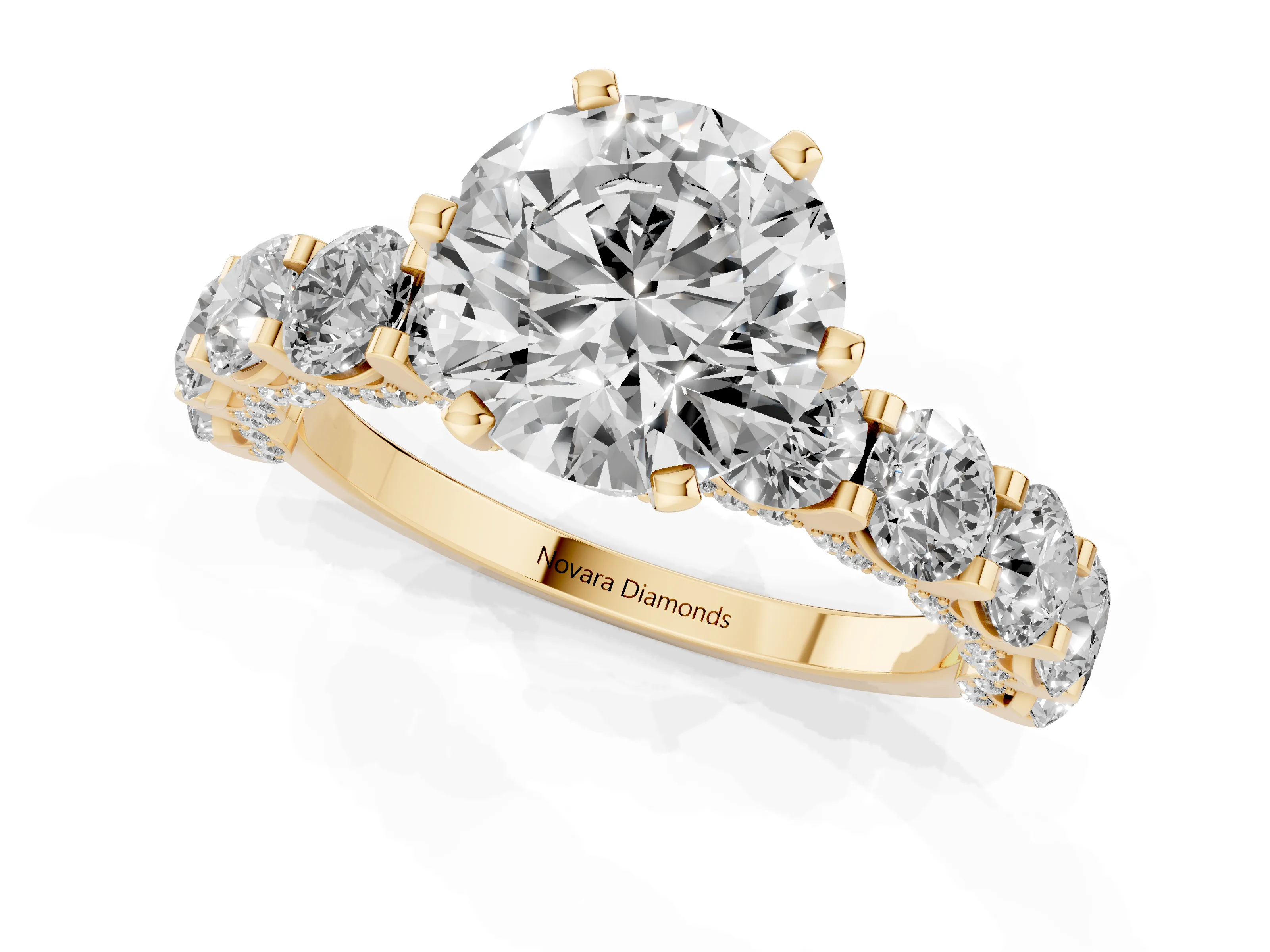 Round Cut Diamond Side Stone Ring Set in Yellow gold with Alternating Round and Oval Side Stones