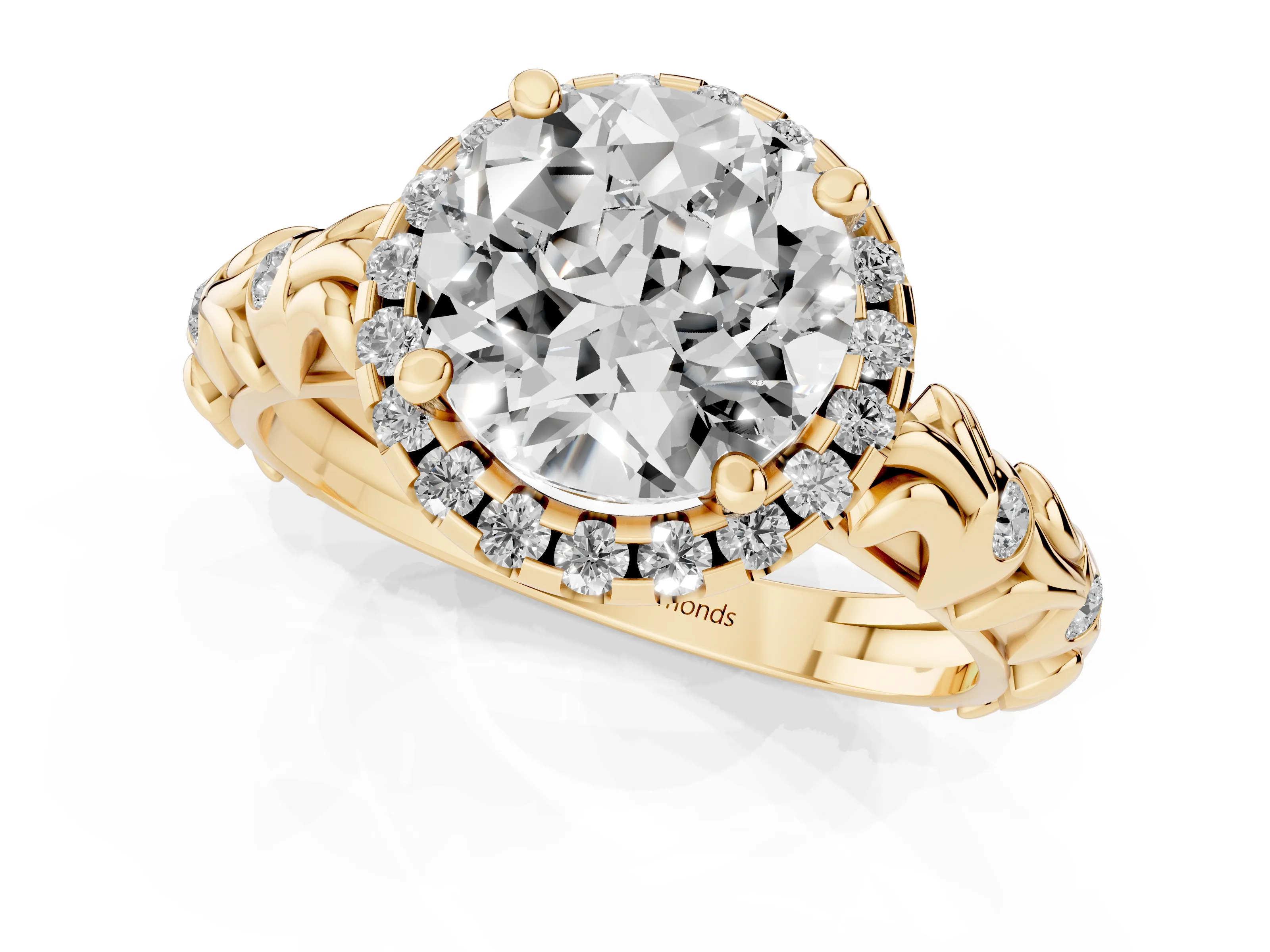 Round Cut Diamond Halo Ring Set in Yellow gold with Filigree Leaf Band and Prong Setting