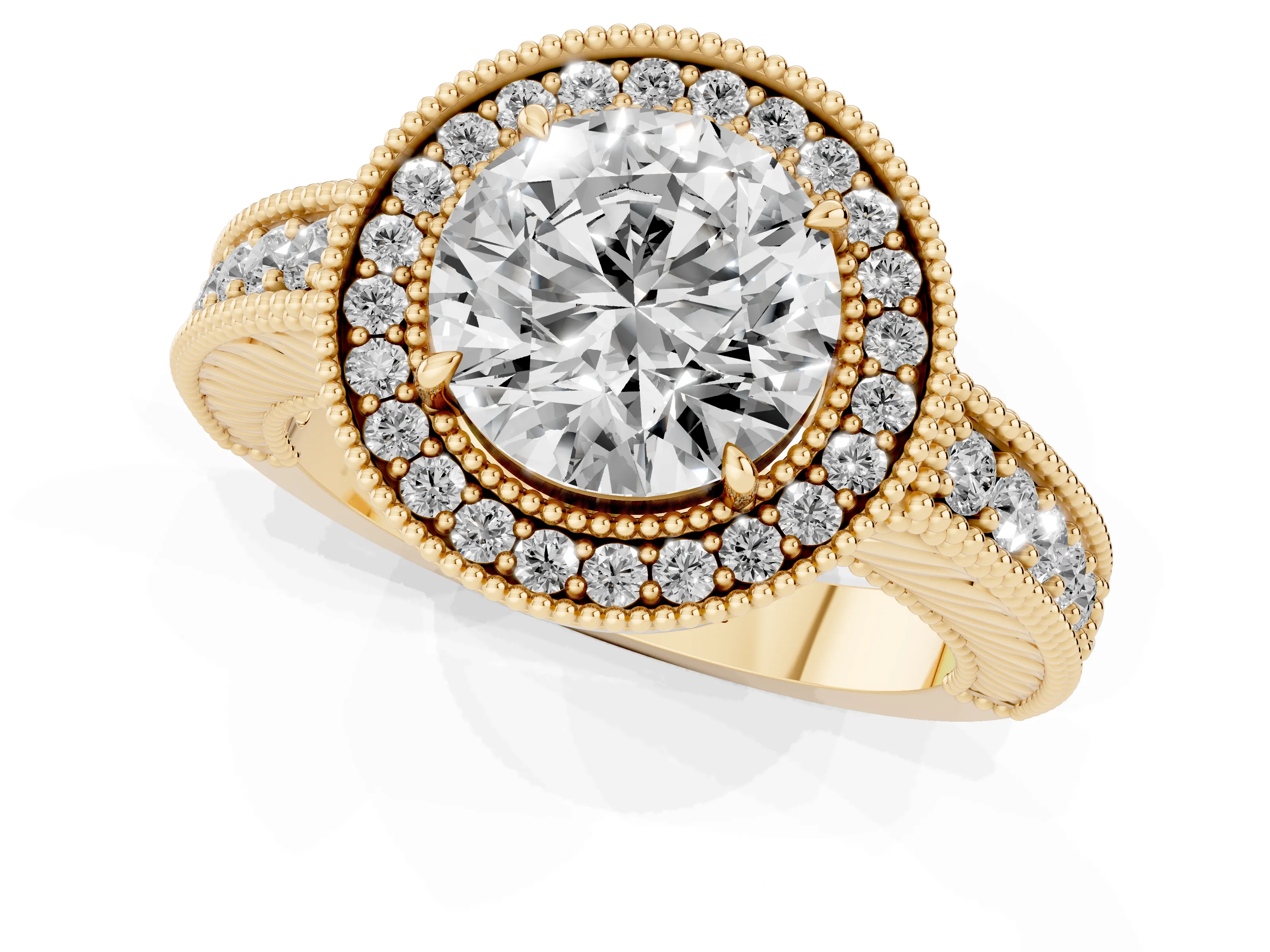 Round Cut Diamond Halo Ring Set in Yellow gold with Round Accent Halo, Pavé Band and Prong Setting – second view