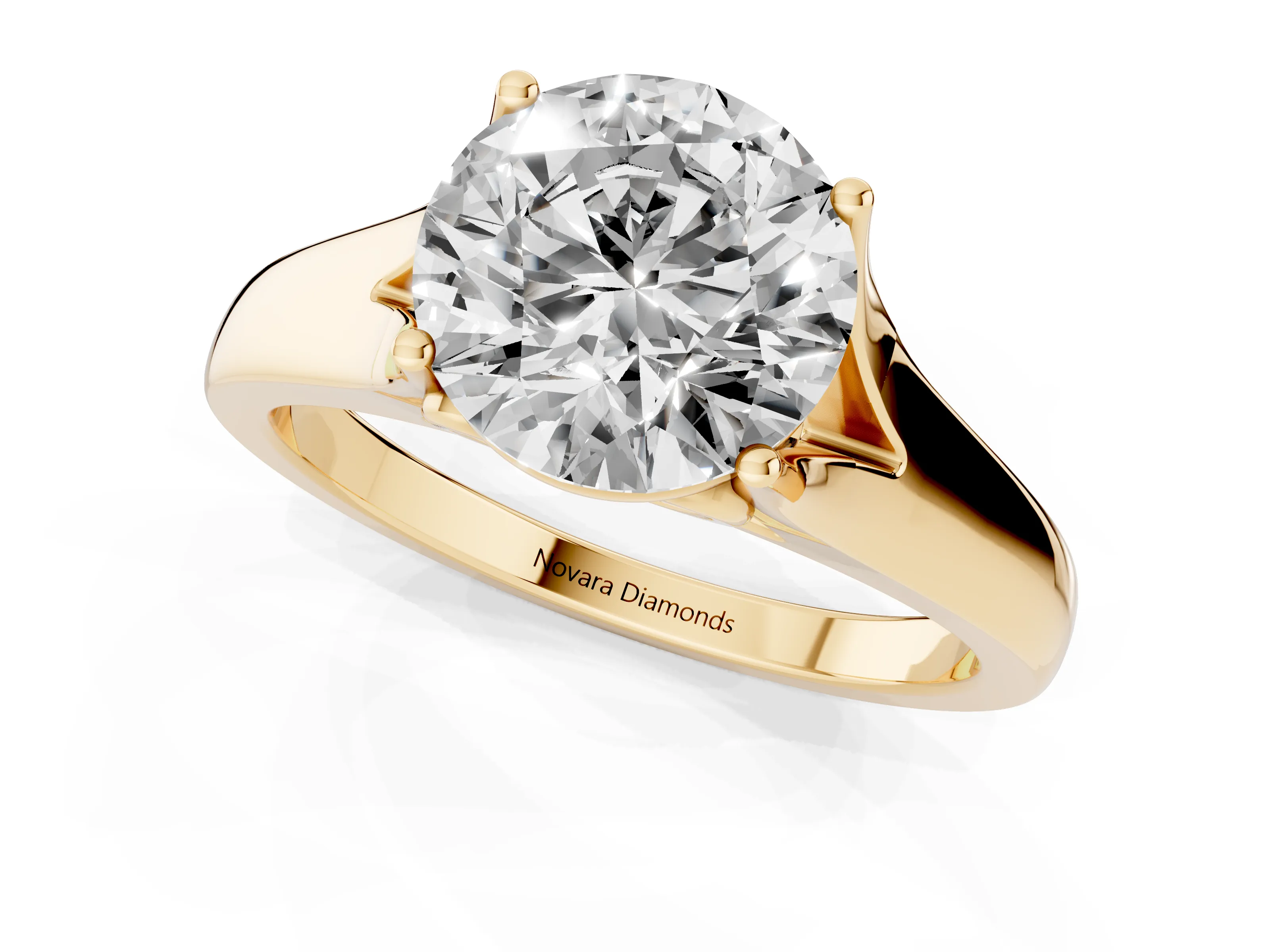Round Cut Diamond Solitaire Ring Set in Yellow gold with Arched Cathedral Band and Prong Setting