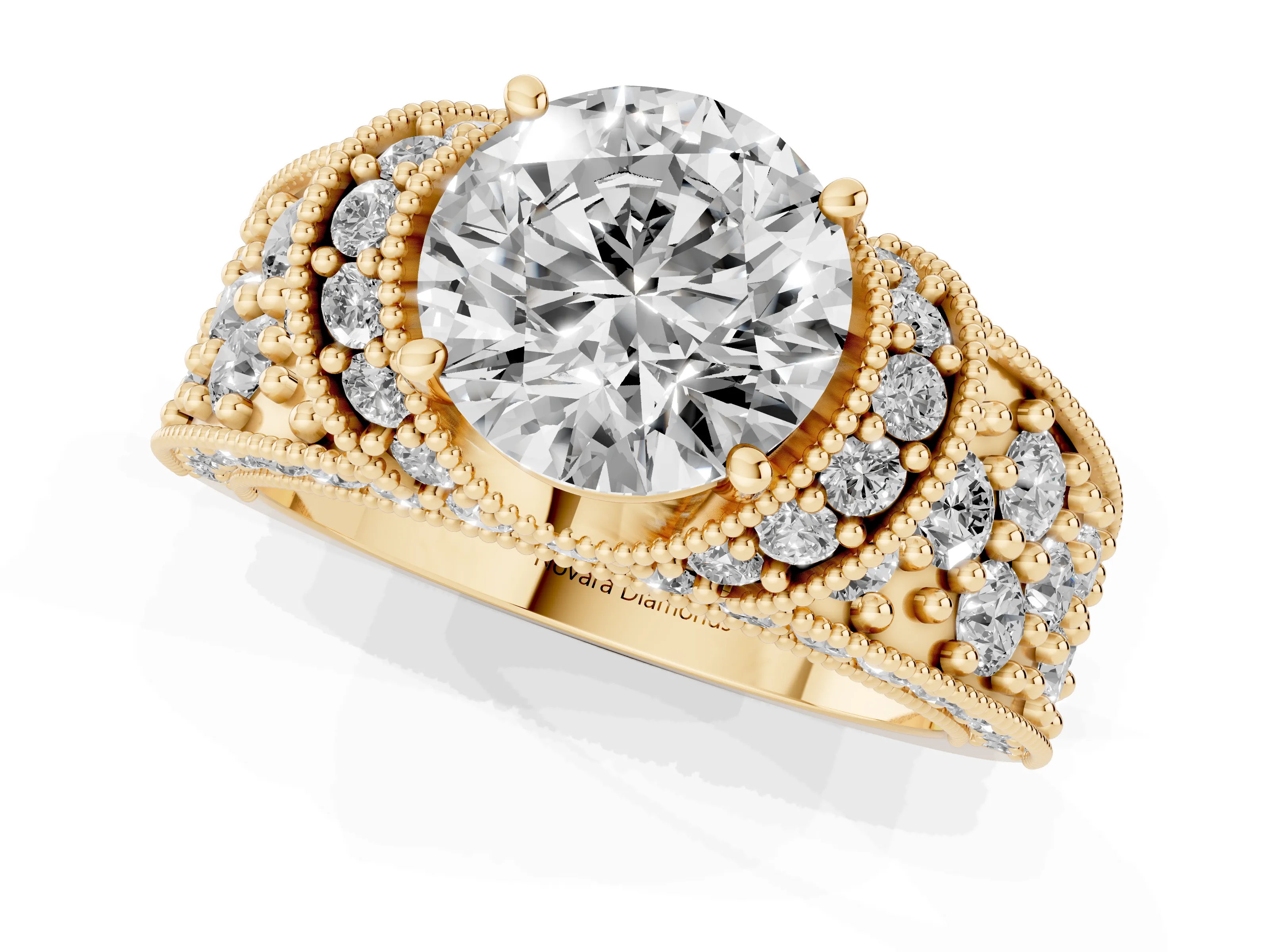Round Cut Diamond Milgrain Halo Pavé Engagement Ring Set in Yellow gold with Prong Setting