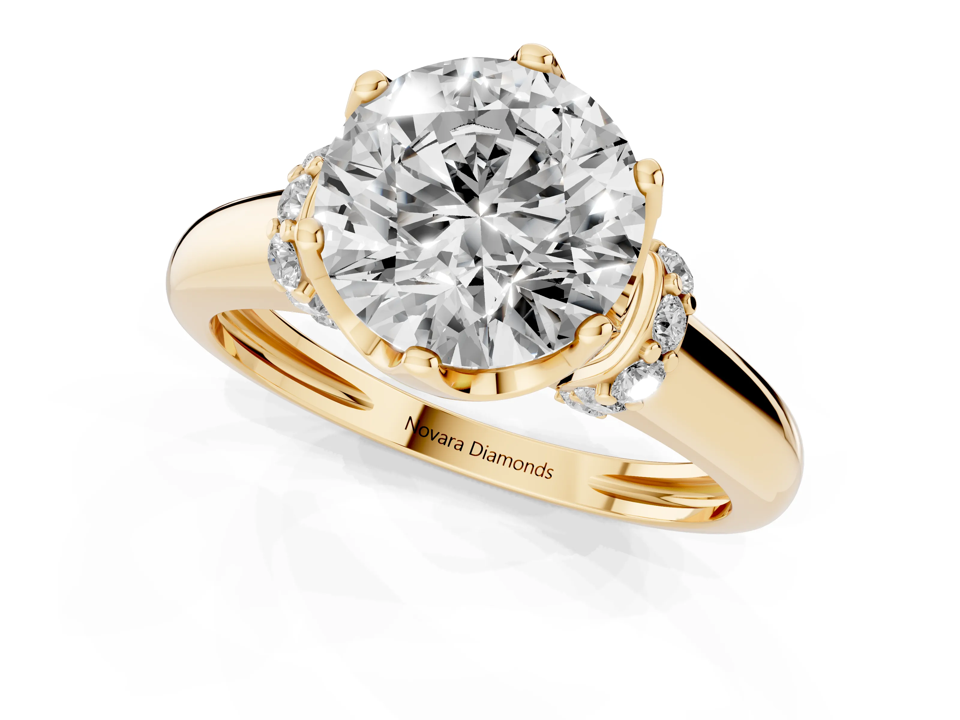 Round Cut Diamond Cathedral Solitaire Engagement Ring Set in Yellow gold with Pavé Accents – second view