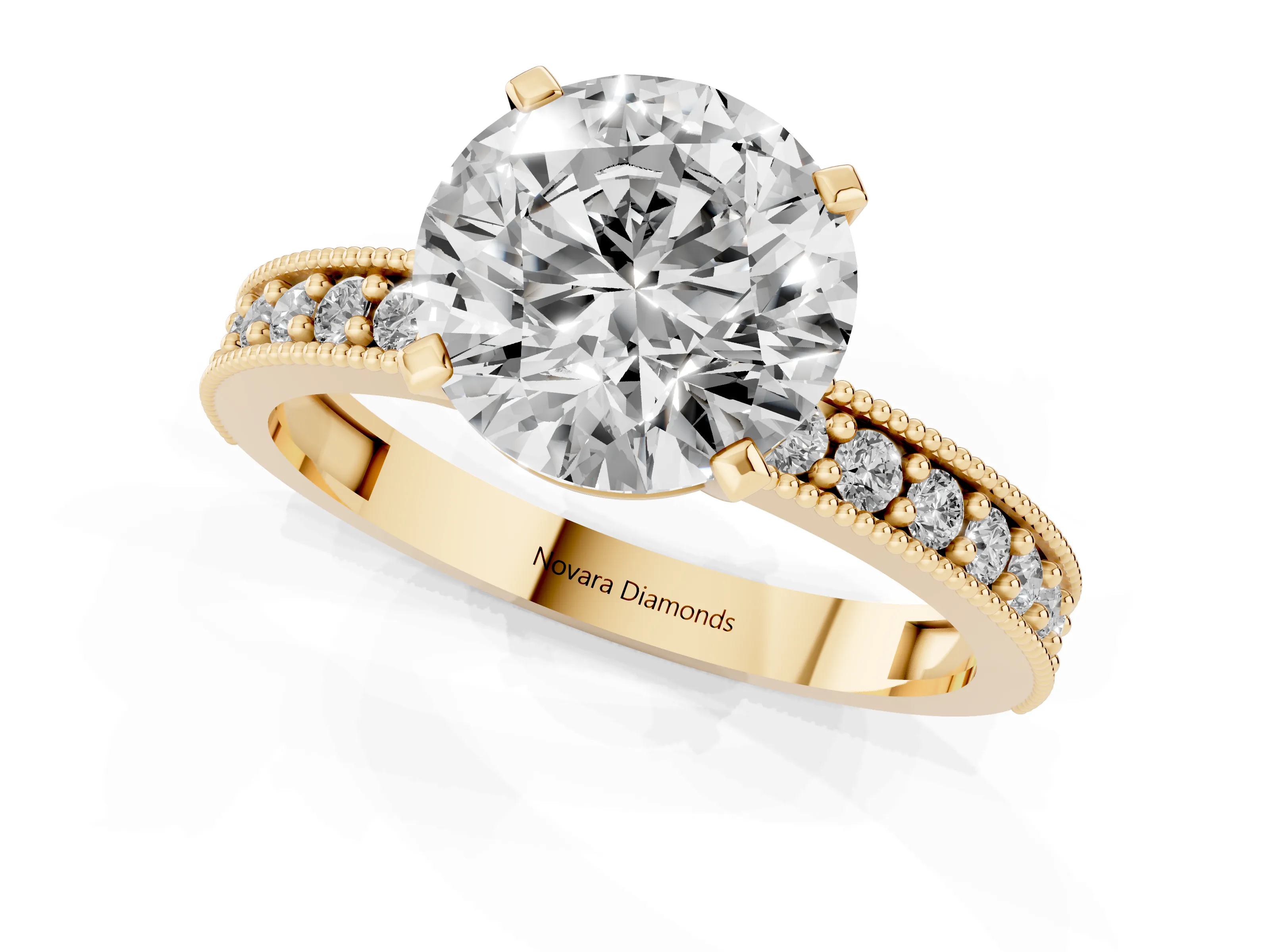 Round Cut Diamond Milgrain Pavé Engagement Ring Set in Yellow gold with Prong Setting