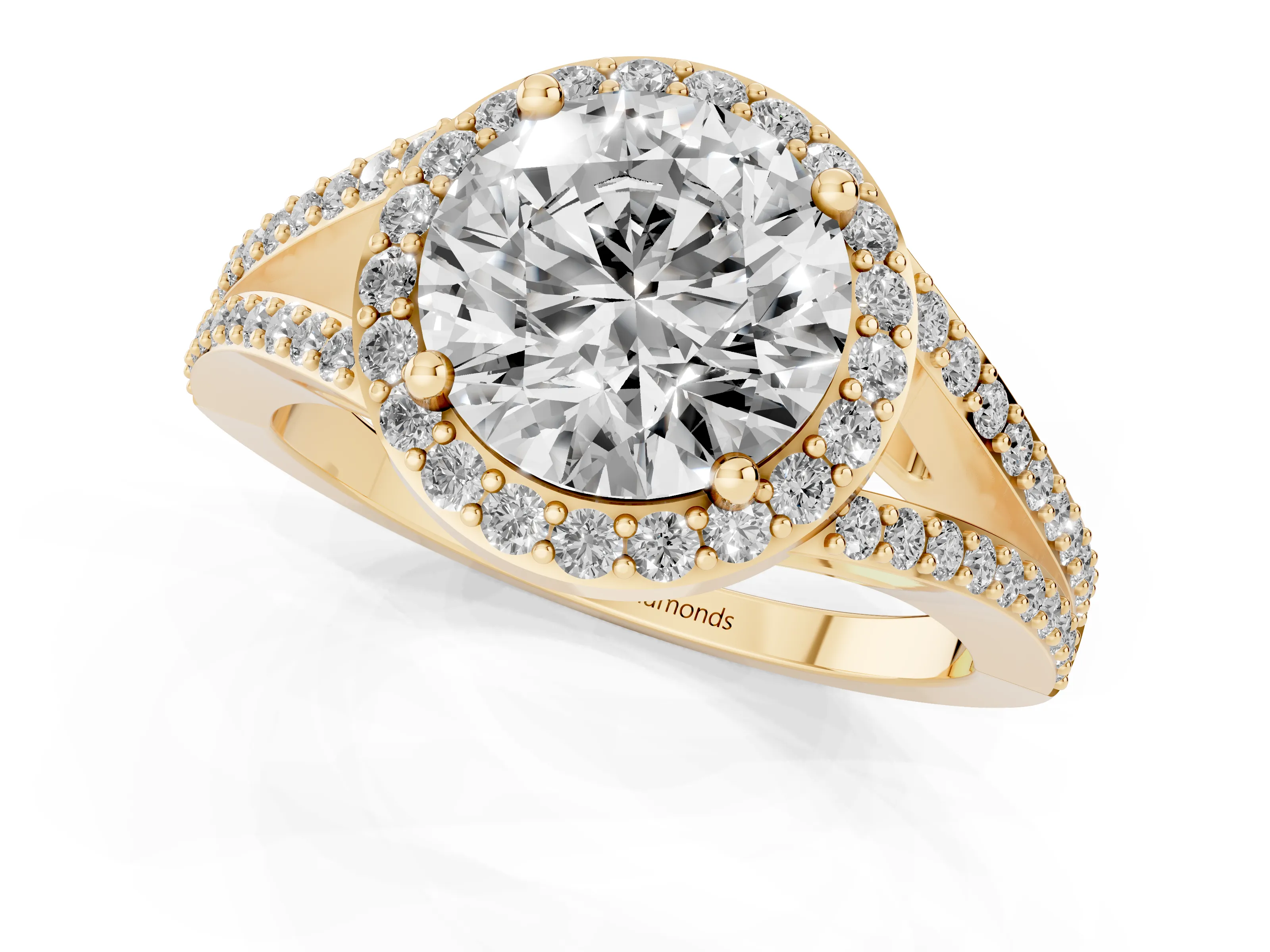 Round Cut Diamond Halo Split Shank Ring Set in Yellow gold with Accent Stones and Prong Setting