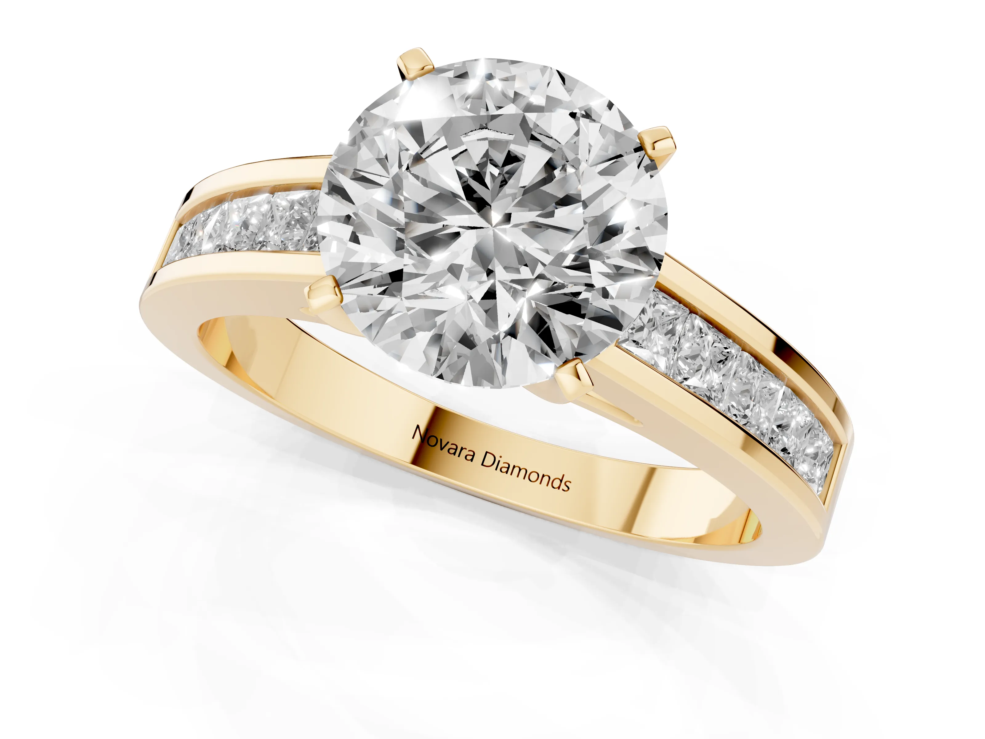 Round Cut Diamond Solitaire Ring Set in Yellow gold with Channel-Set Band and Prong Setting
