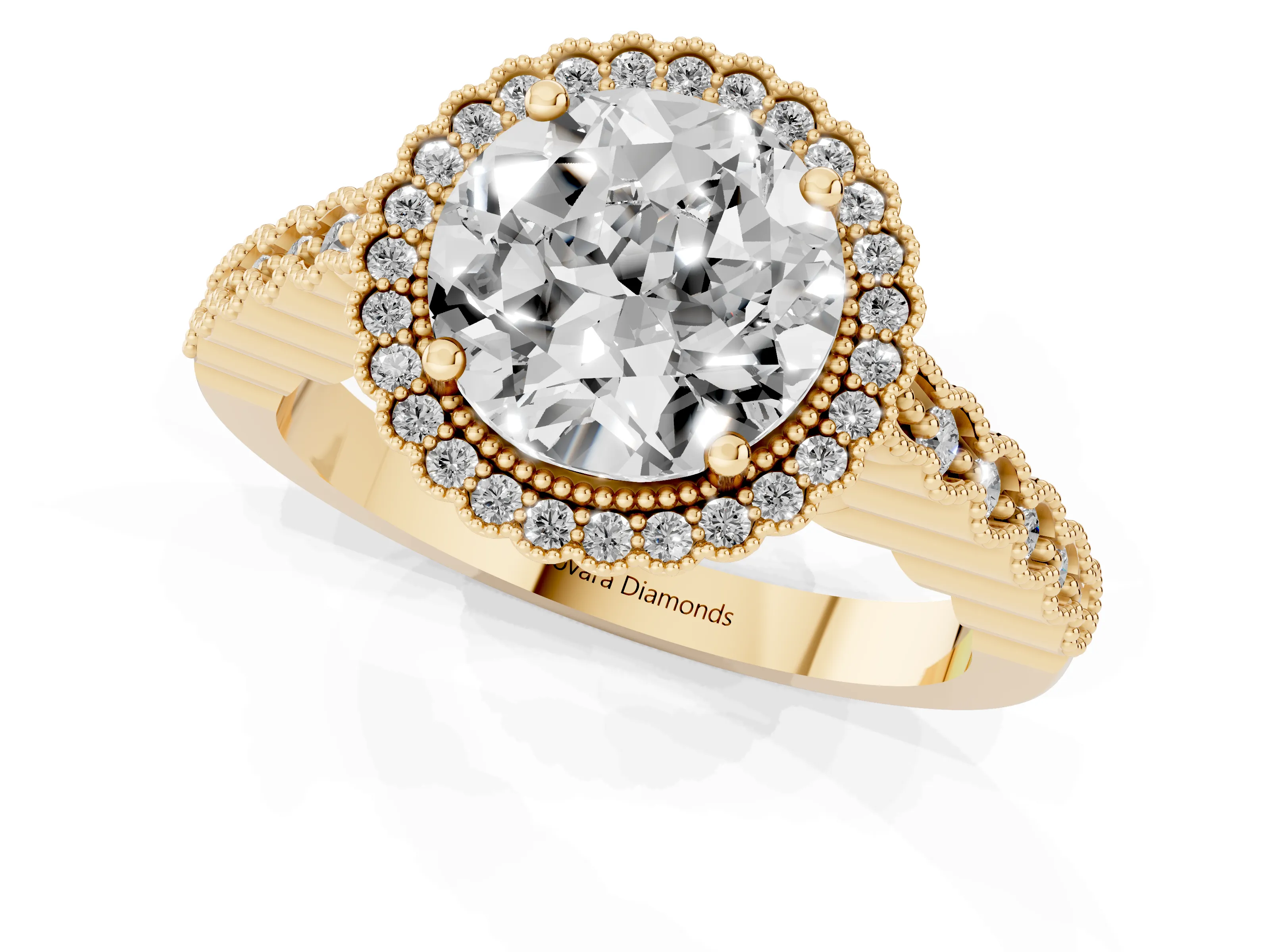 Round Cut Diamond Halo Ring Set in Yellow gold with Pavé Milgrain Band