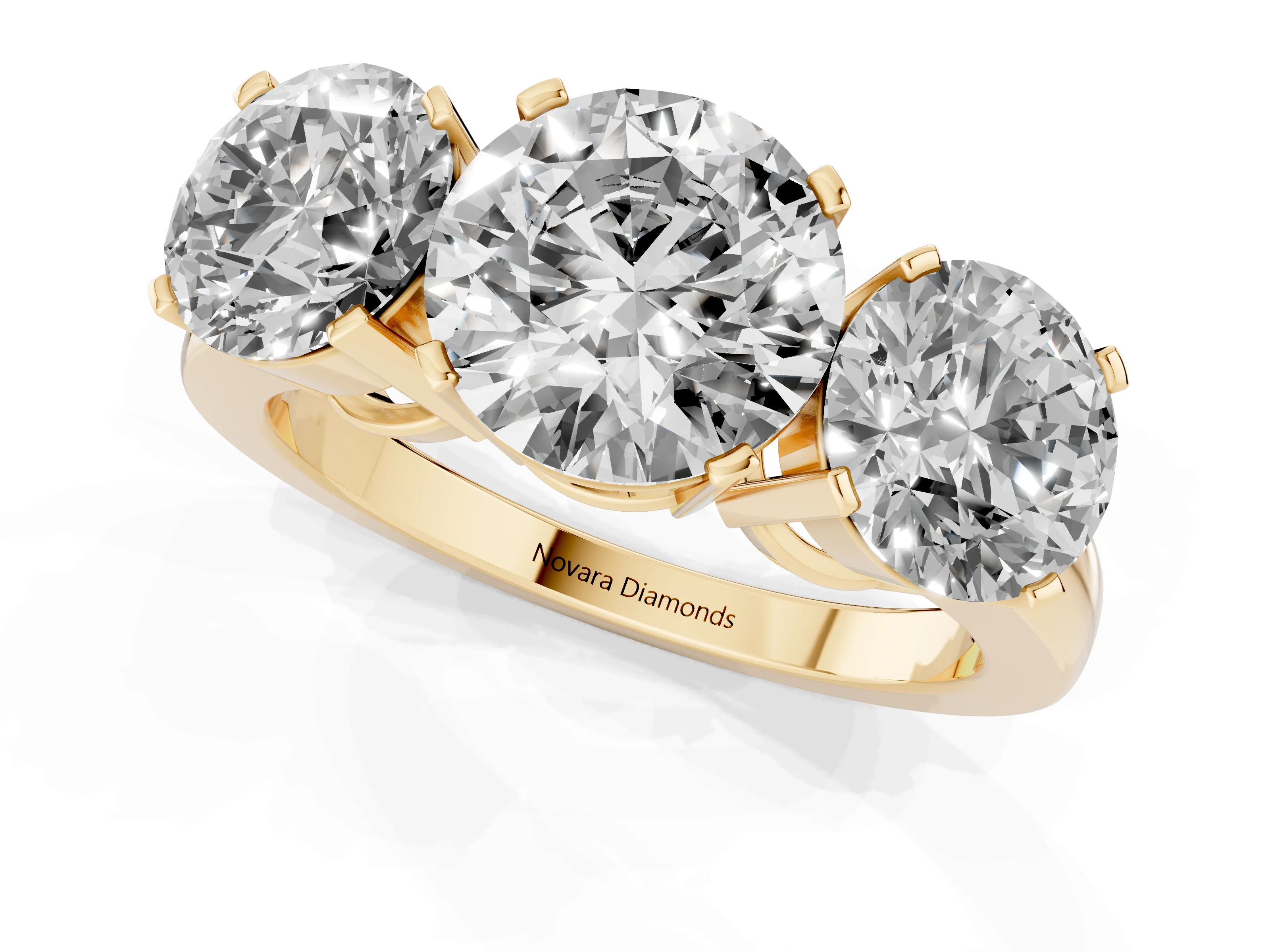 Round Cut Diamond Three-Stone Ring Set in Yellow gold with Channel-Set Band and Prong Settings