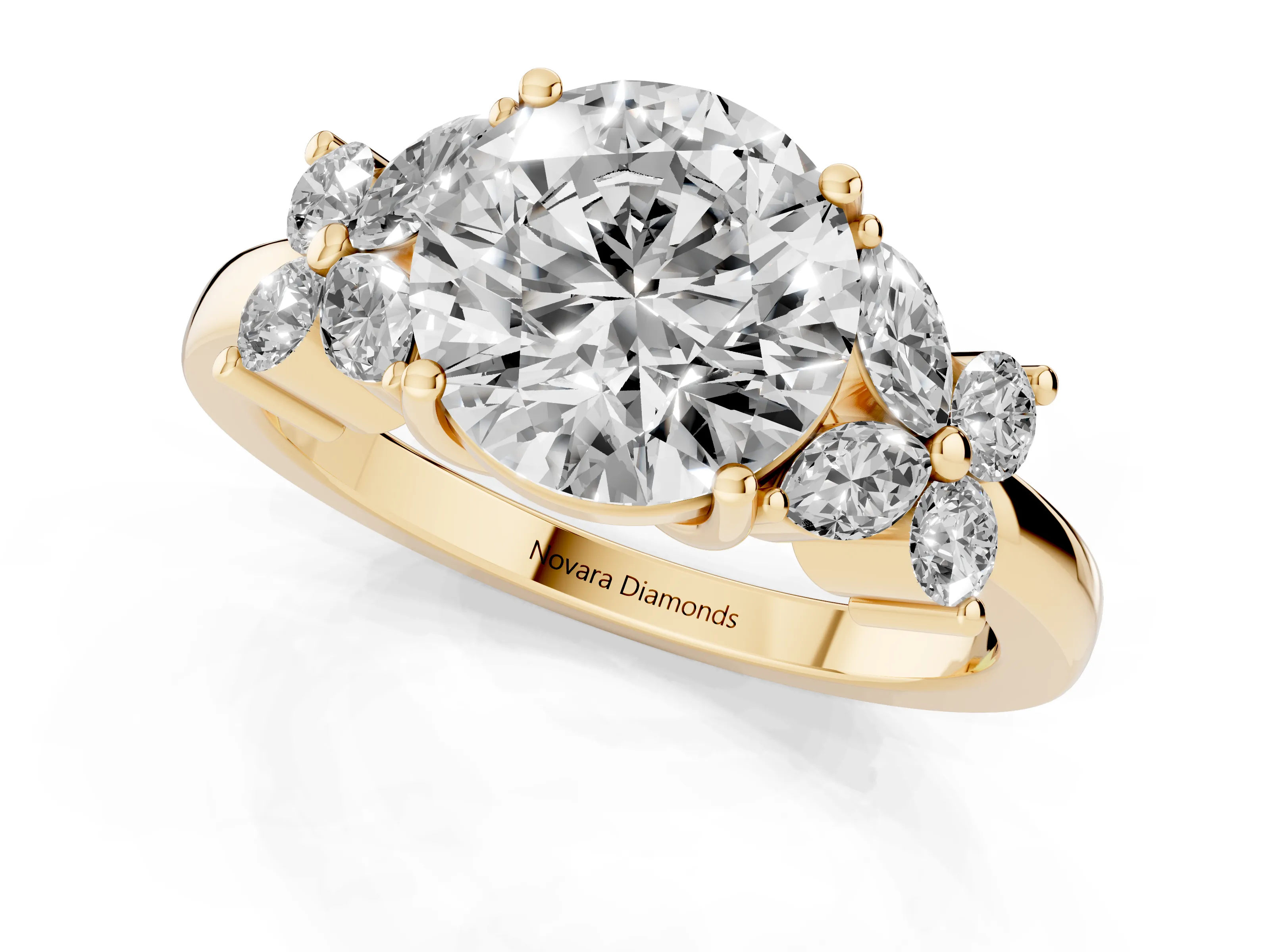 Round Cut Diamond Floral Cluster Ring Set in Yellow gold with Marquise Petals and Prong Setting