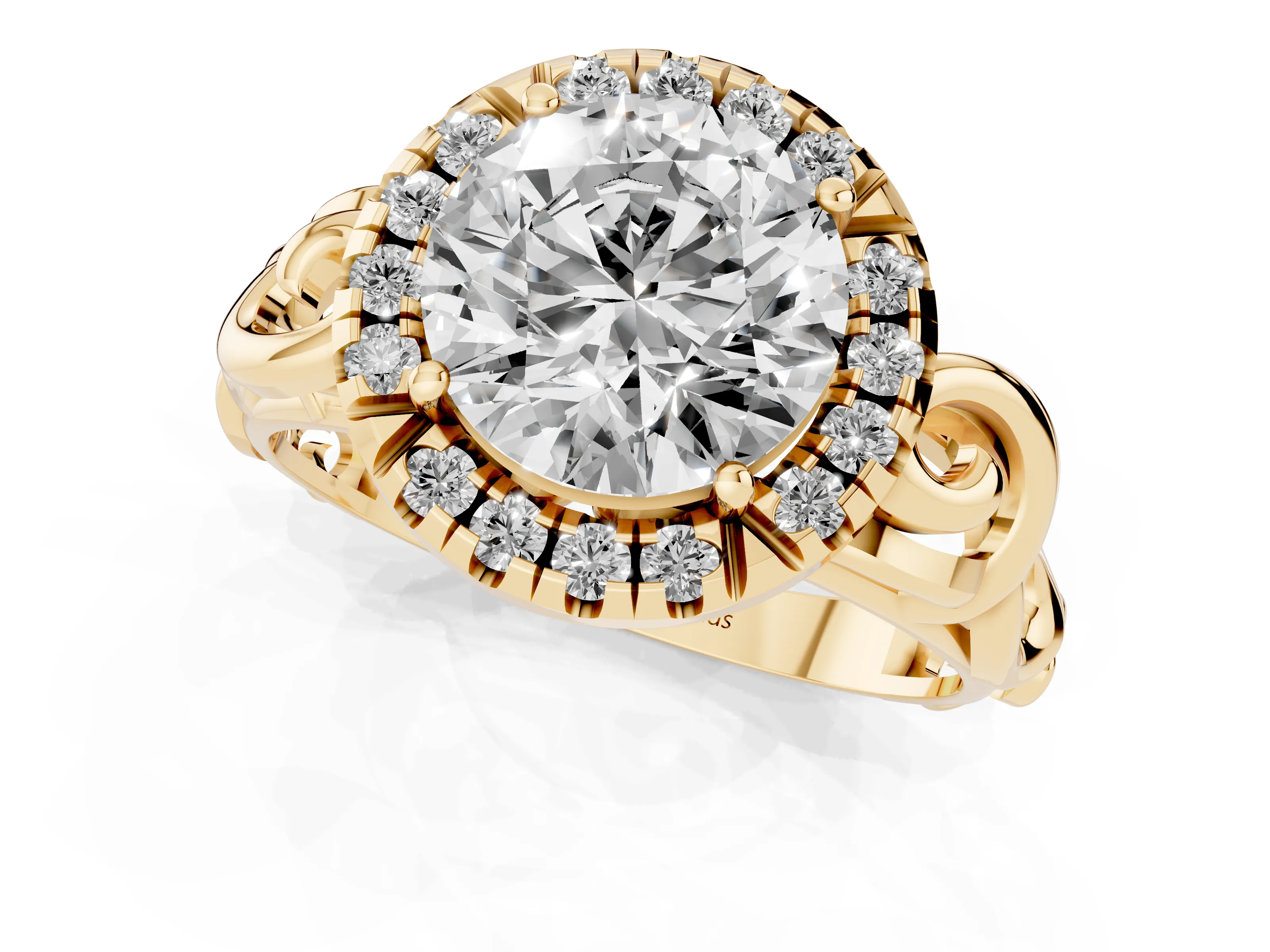Round Cut Diamond Halo Ring Set in Yellow gold with Scrollwork Band and Prong Setting