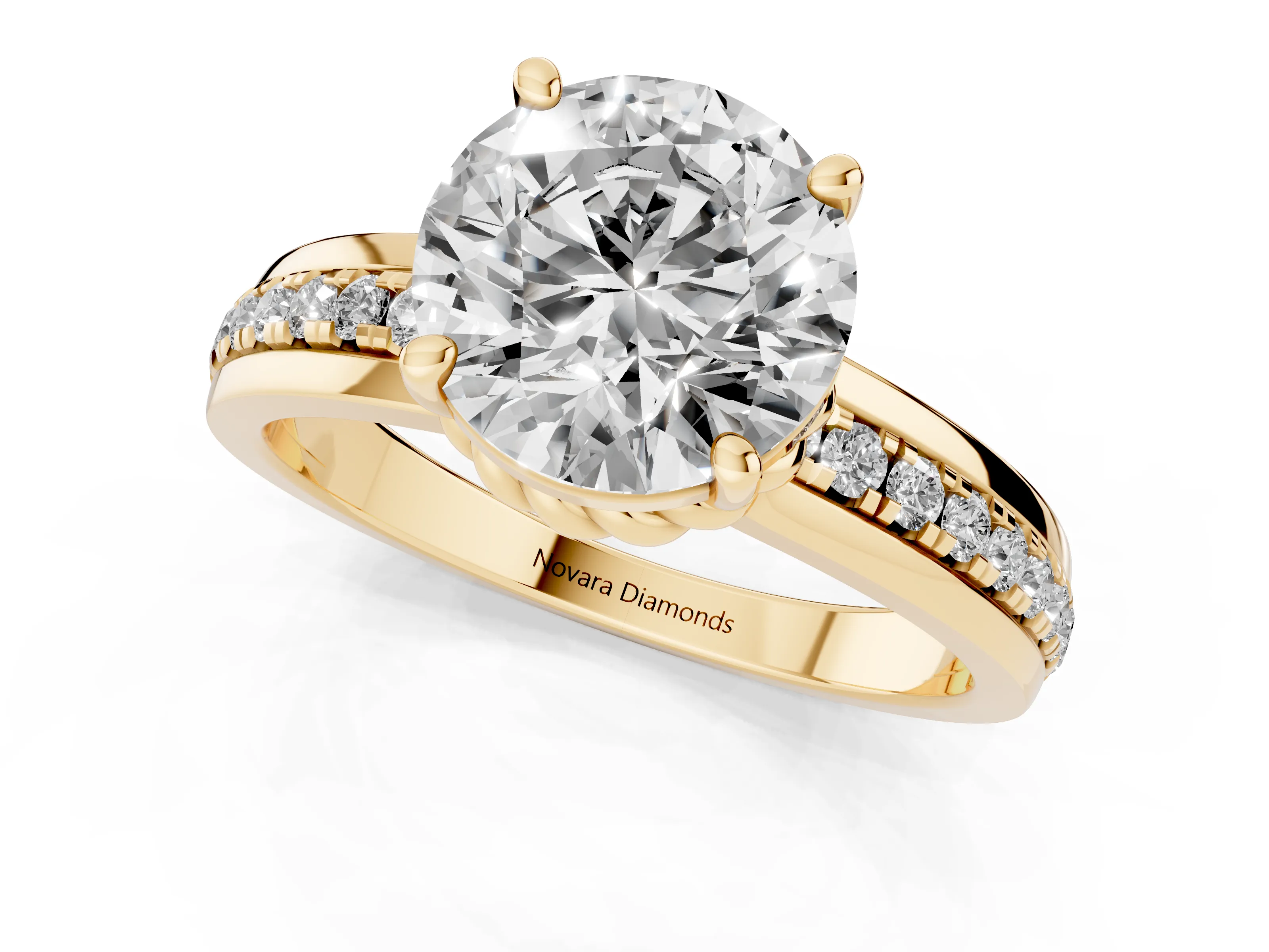 Round Cut Diamond Solitaire Ring Set in Yellow gold with Channel Set Band and Prong Setting