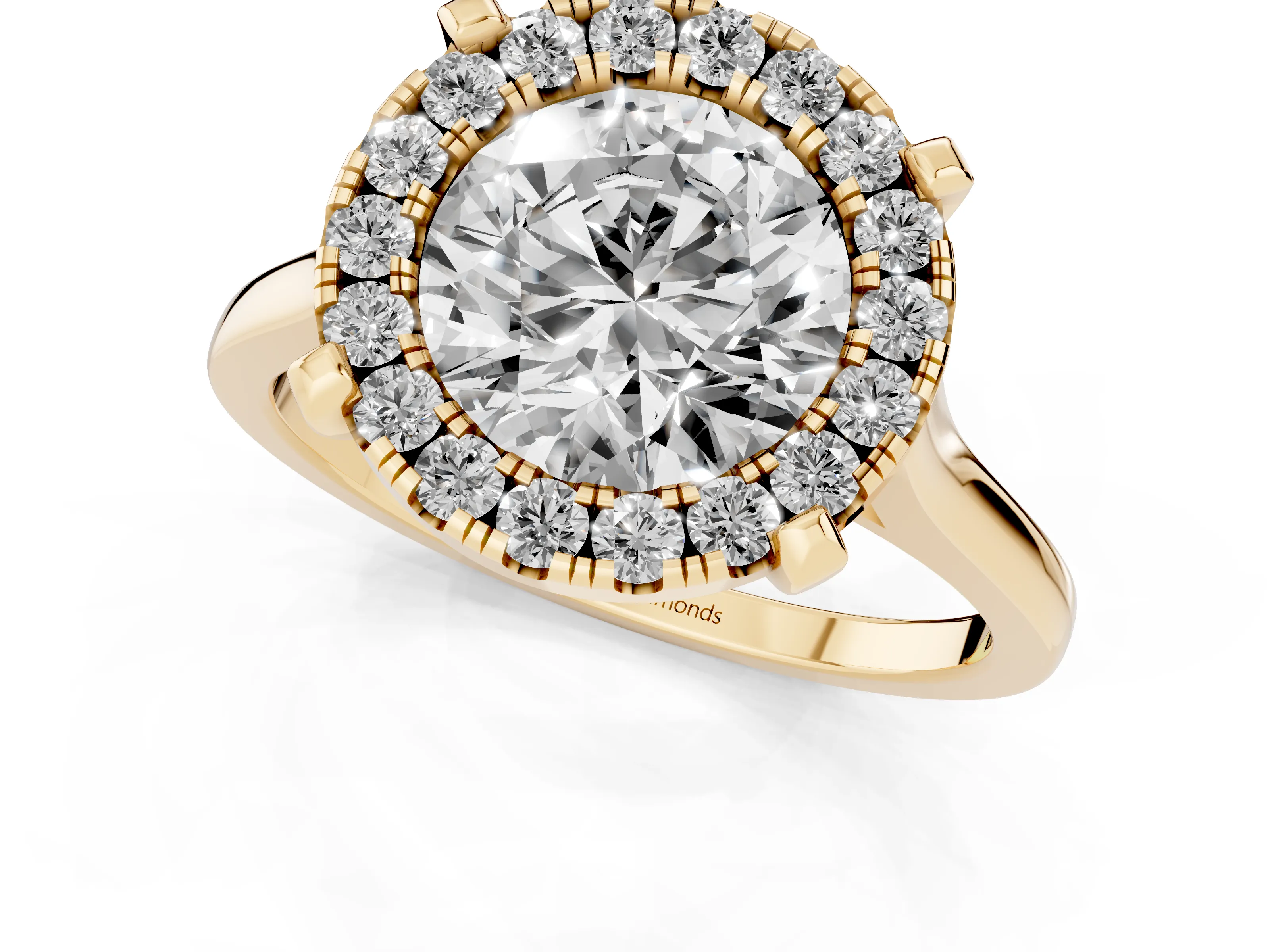 Round Cut Diamond Cluster Halo Solitaire Ring Set in Yellow gold with Prong Setting